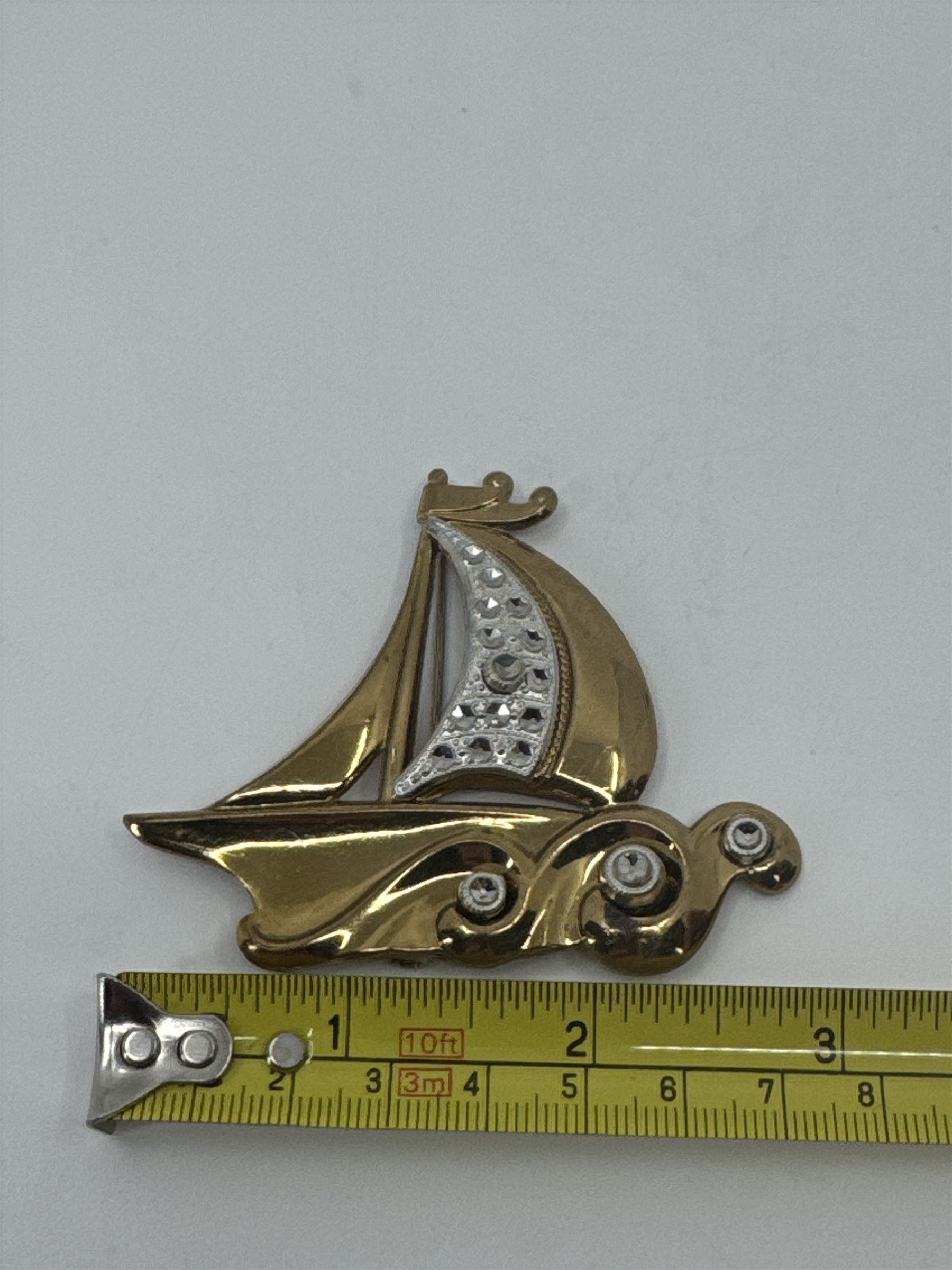 Vintage Art Deco Sailboat Ocean Waves Brass White Metal Accents Brooch Pin 1940s