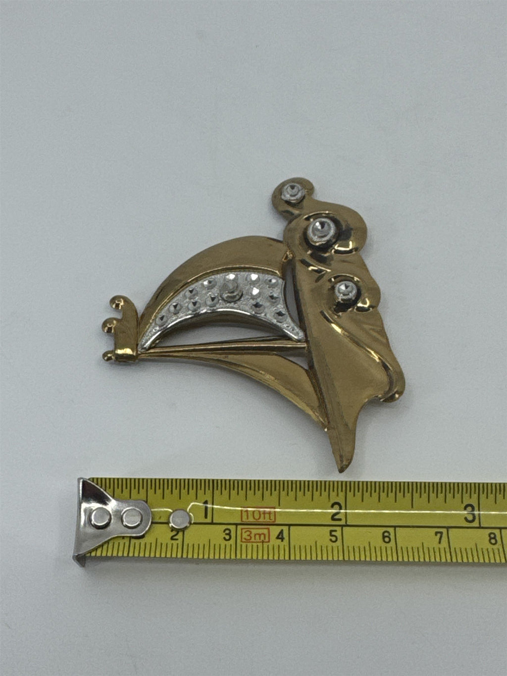 Vintage Art Deco Sailboat Ocean Waves Brass White Metal Accents Brooch Pin 1940s