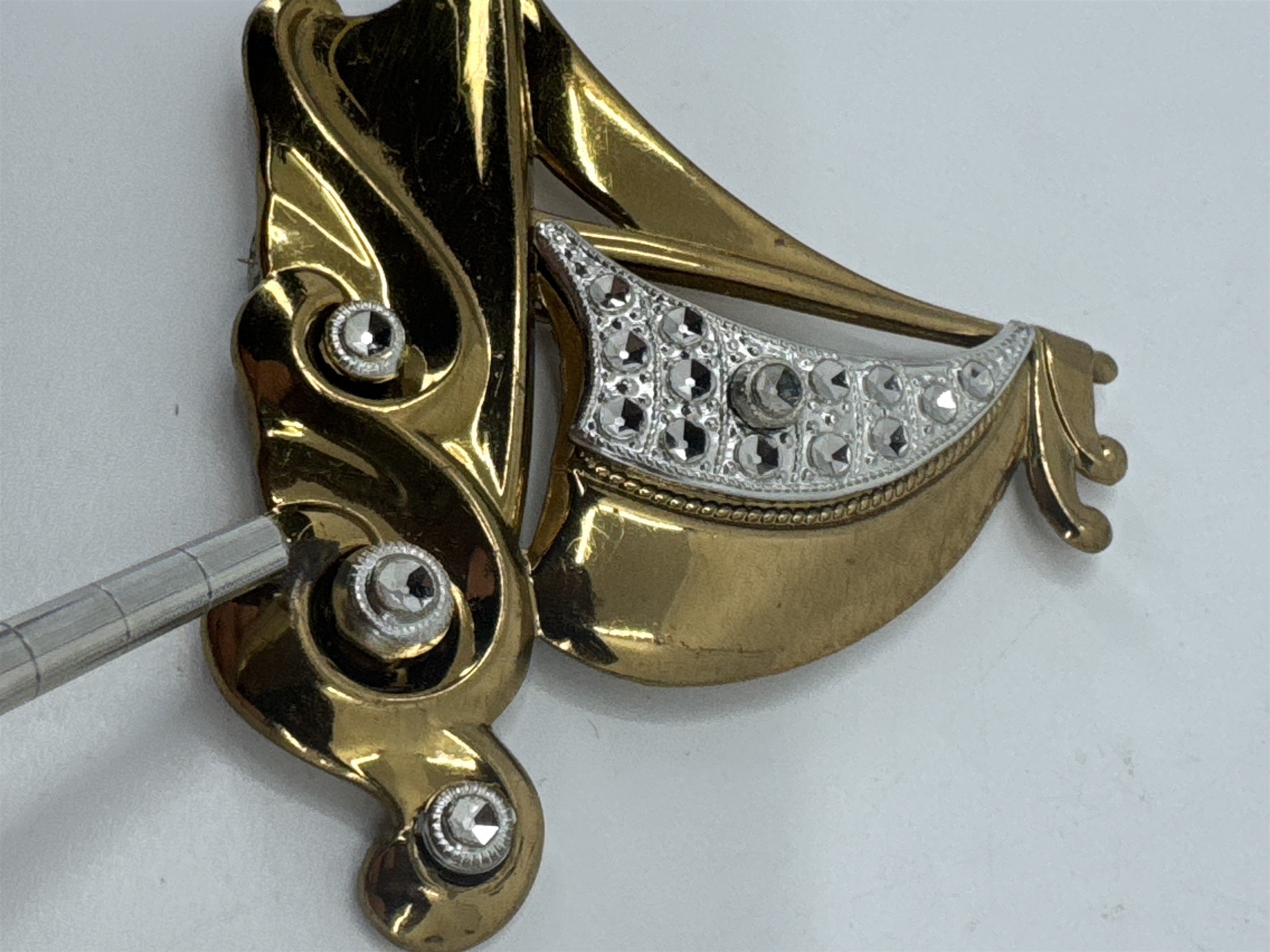Vintage Art Deco Sailboat Ocean Waves Brass White Metal Accents Brooch Pin 1940s