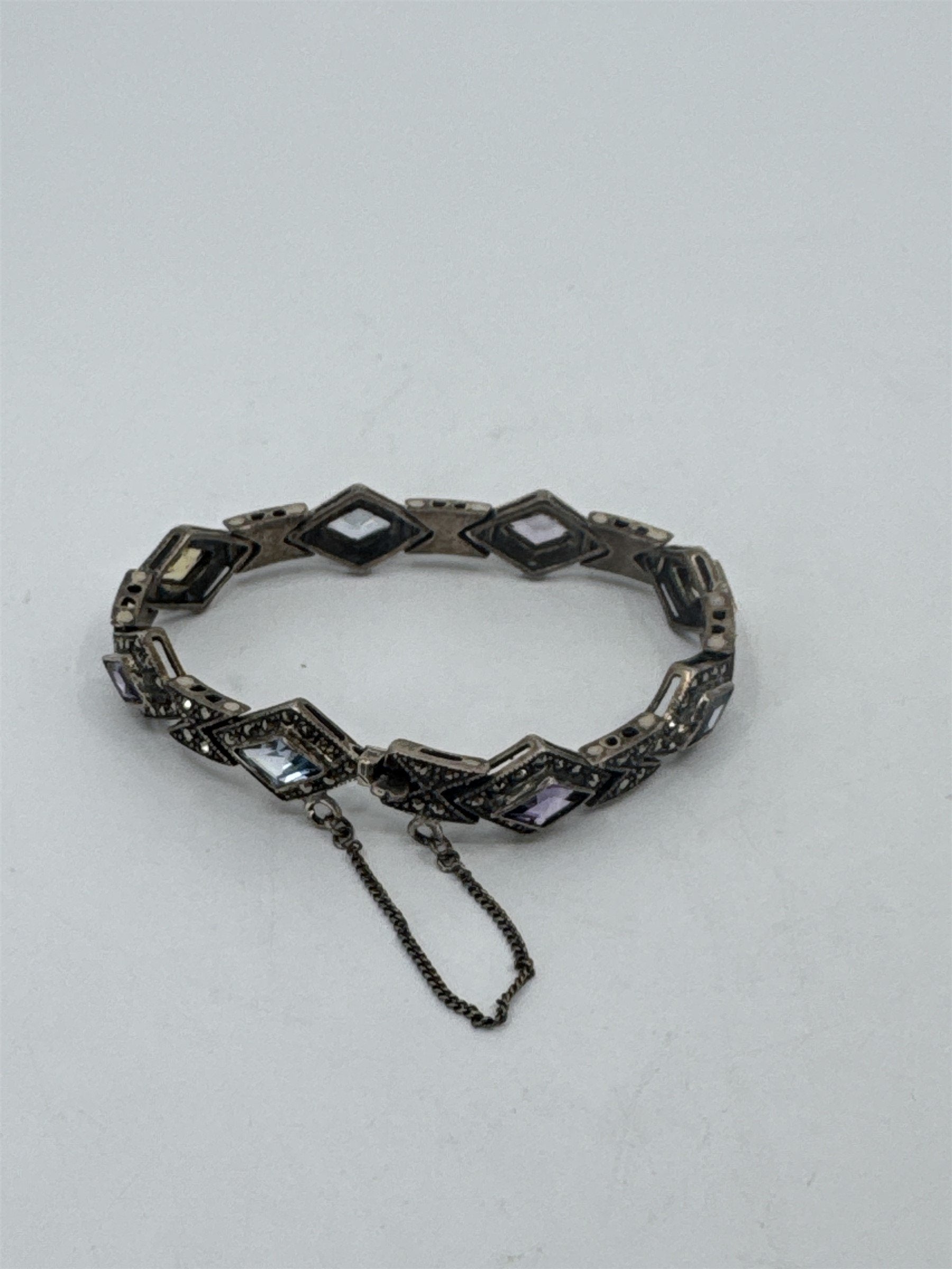 Vtg 925 Sterling Silver Multi-Color Crystal Windows Safety Catch Bracelet