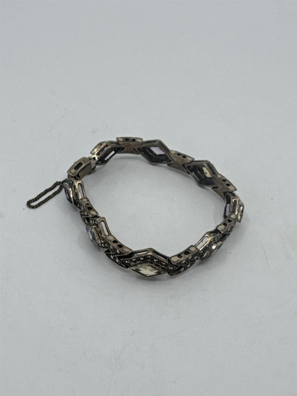 Vtg 925 Sterling Silver Multi-Color Crystal Windows Safety Catch Bracelet