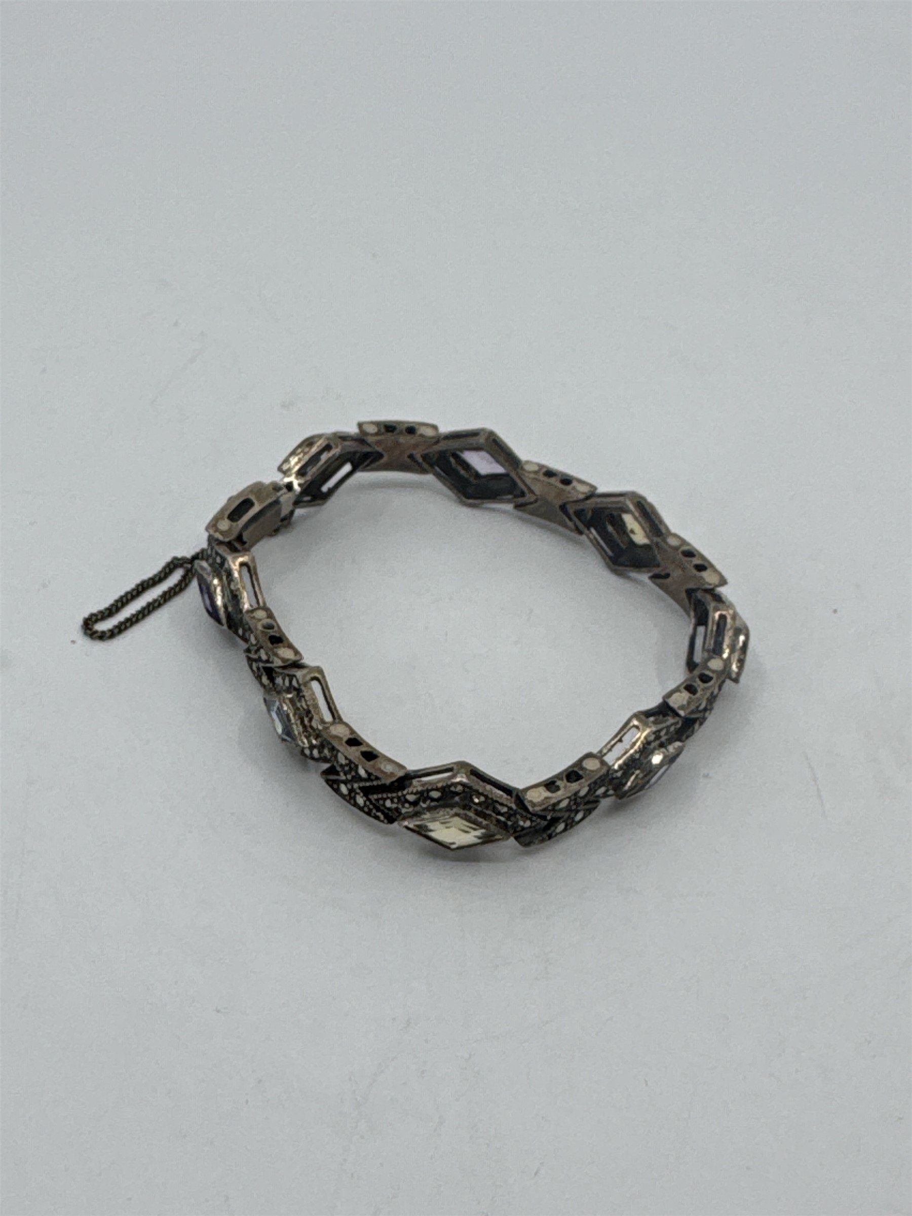 Vtg 925 Sterling Silver Multi-Color Crystal Windows Safety Catch Bracelet