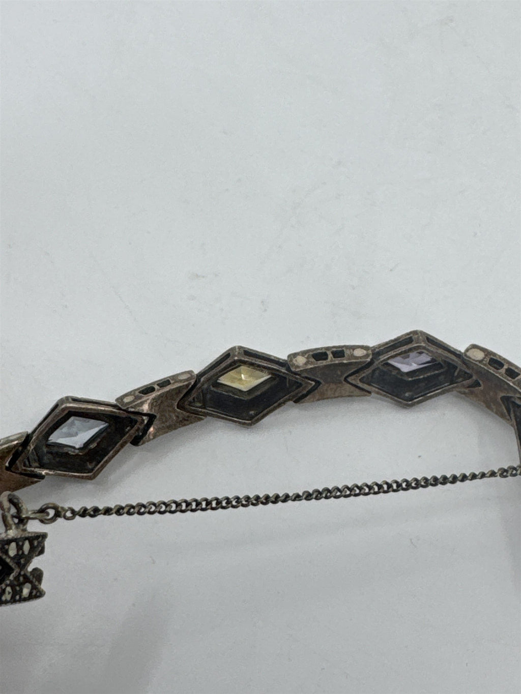 Vtg 925 Sterling Silver Multi-Color Crystal Windows Safety Catch Bracelet
