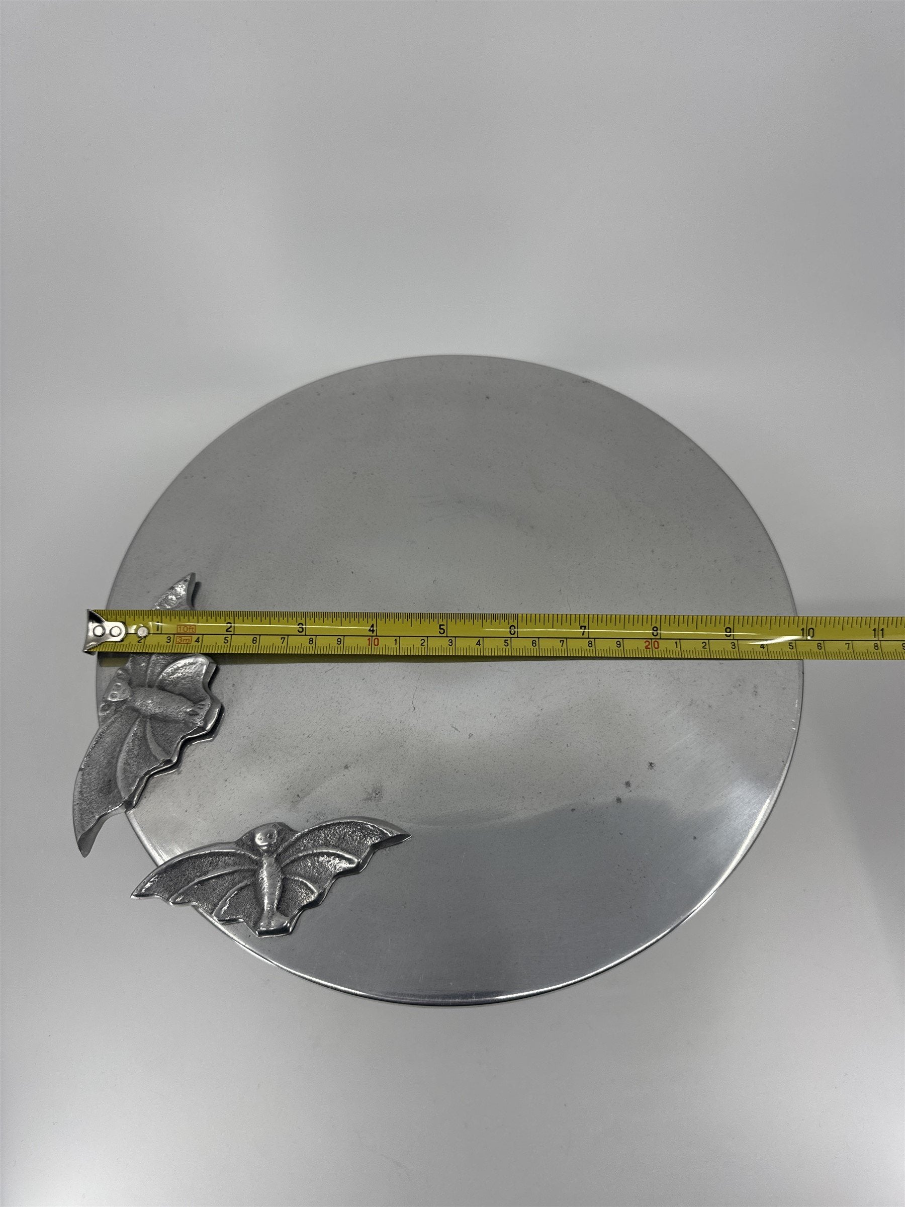 Vintage Metal Platter /w Metal Bat Accents Halloween Home Decor Stand Platter