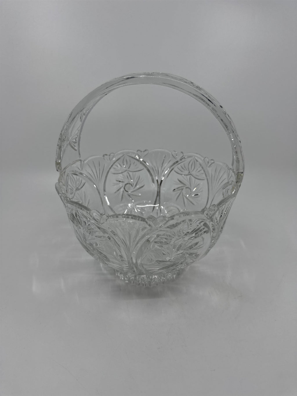 Vintage Heavy Cut Round Glass or Crystal Basket With Handle Candy Nut Fruit Bowl