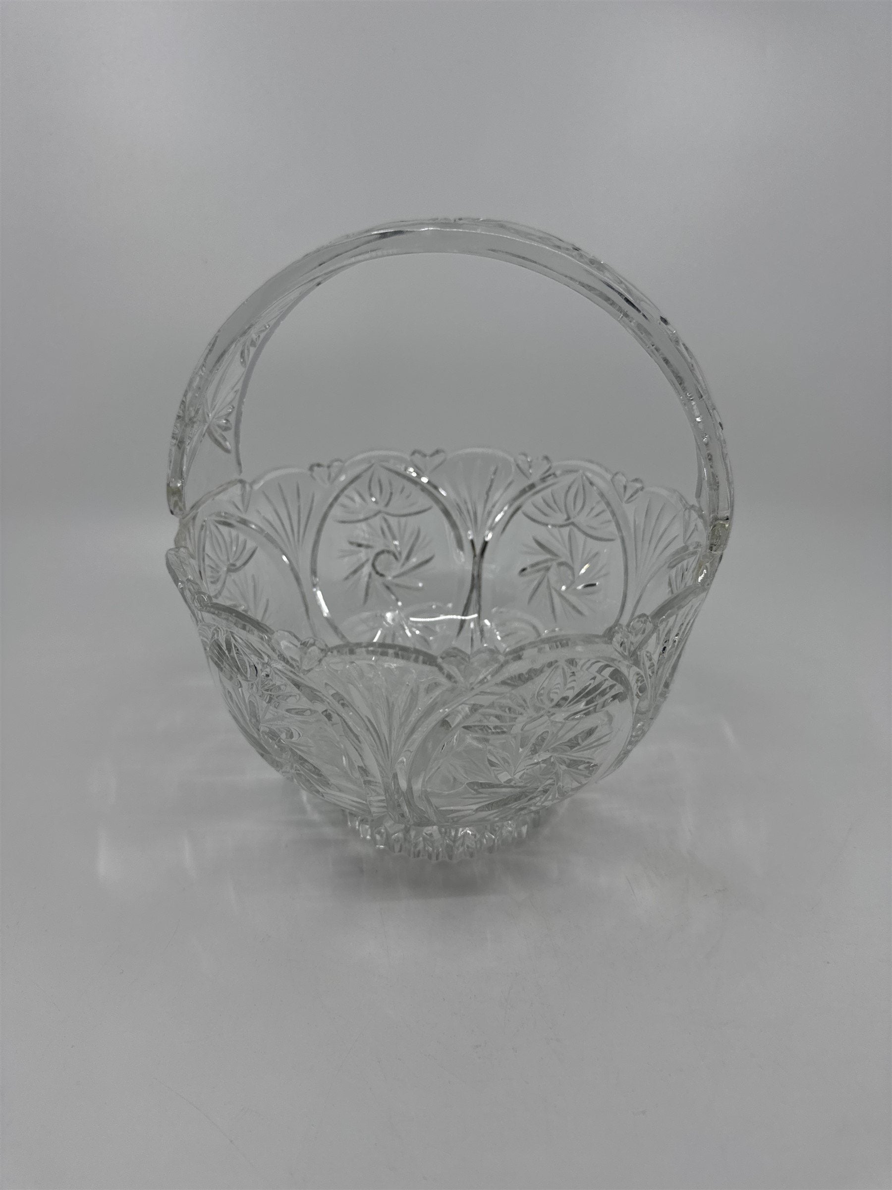 Vintage Heavy Cut Round Glass or Crystal Basket With Handle Candy Nut Fruit Bowl
