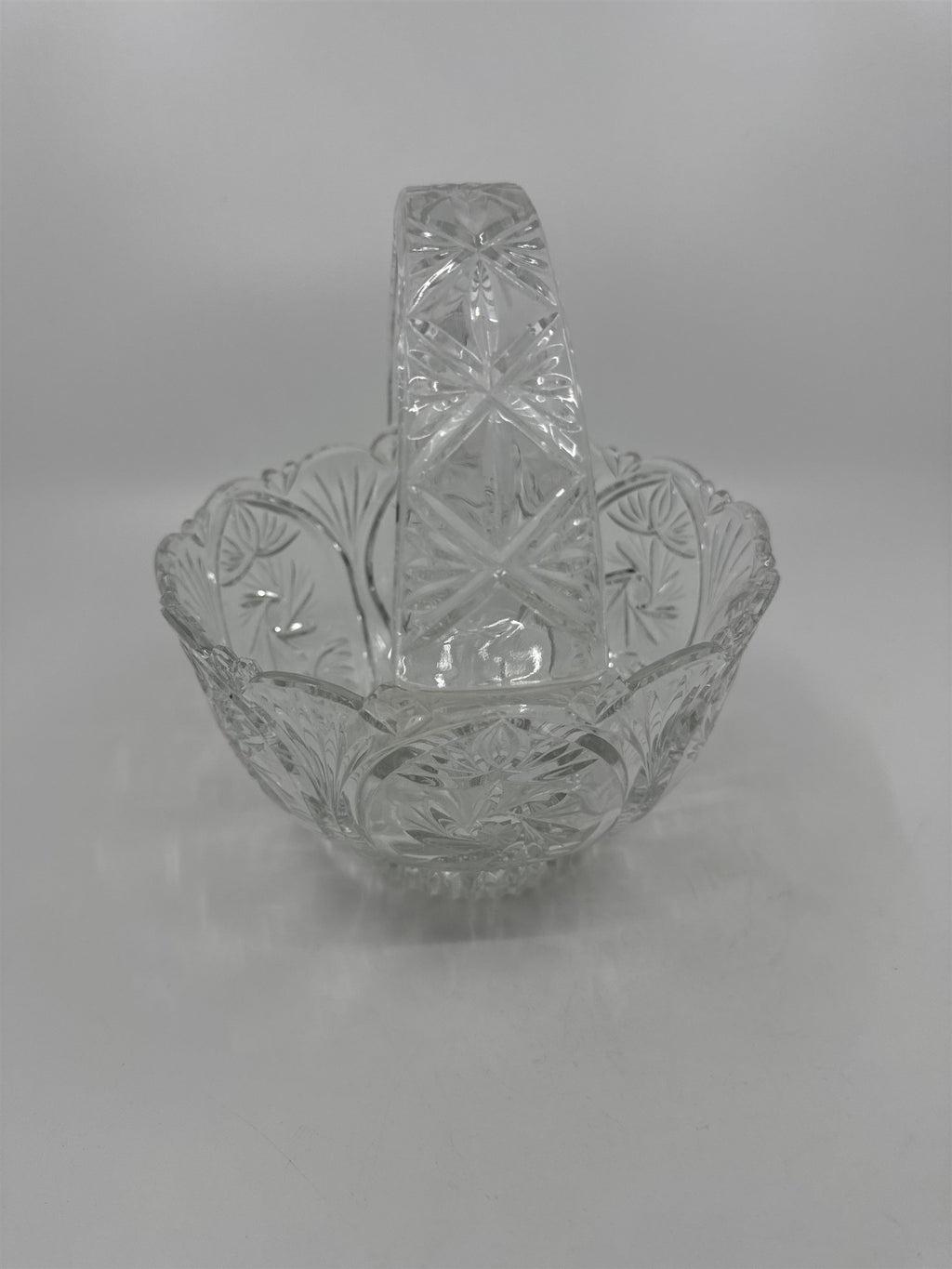 Vintage Heavy Cut Round Glass or Crystal Basket With Handle Candy Nut Fruit Bowl