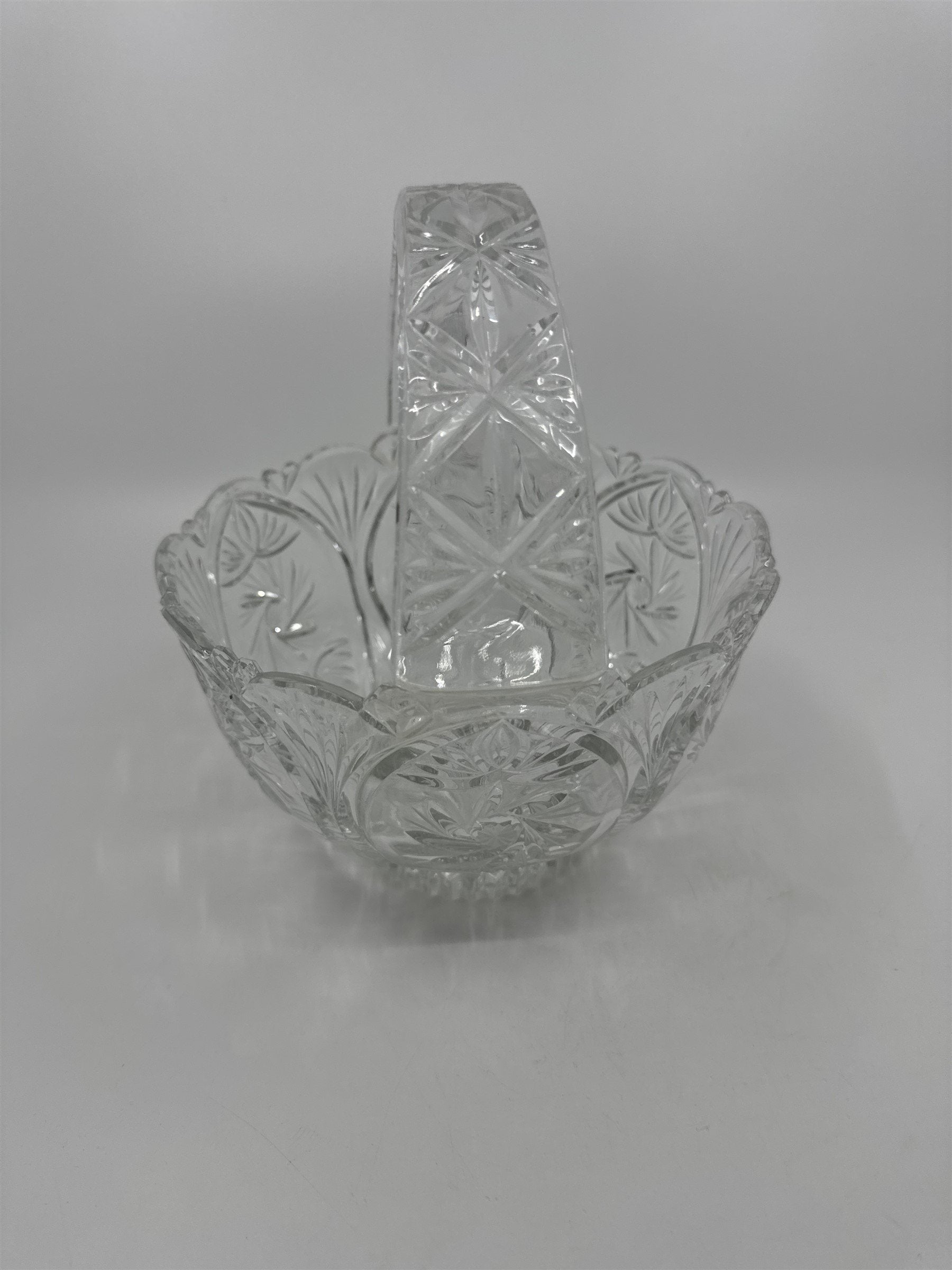 Vintage Heavy Cut Round Glass or Crystal Basket With Handle Candy Nut Fruit Bowl