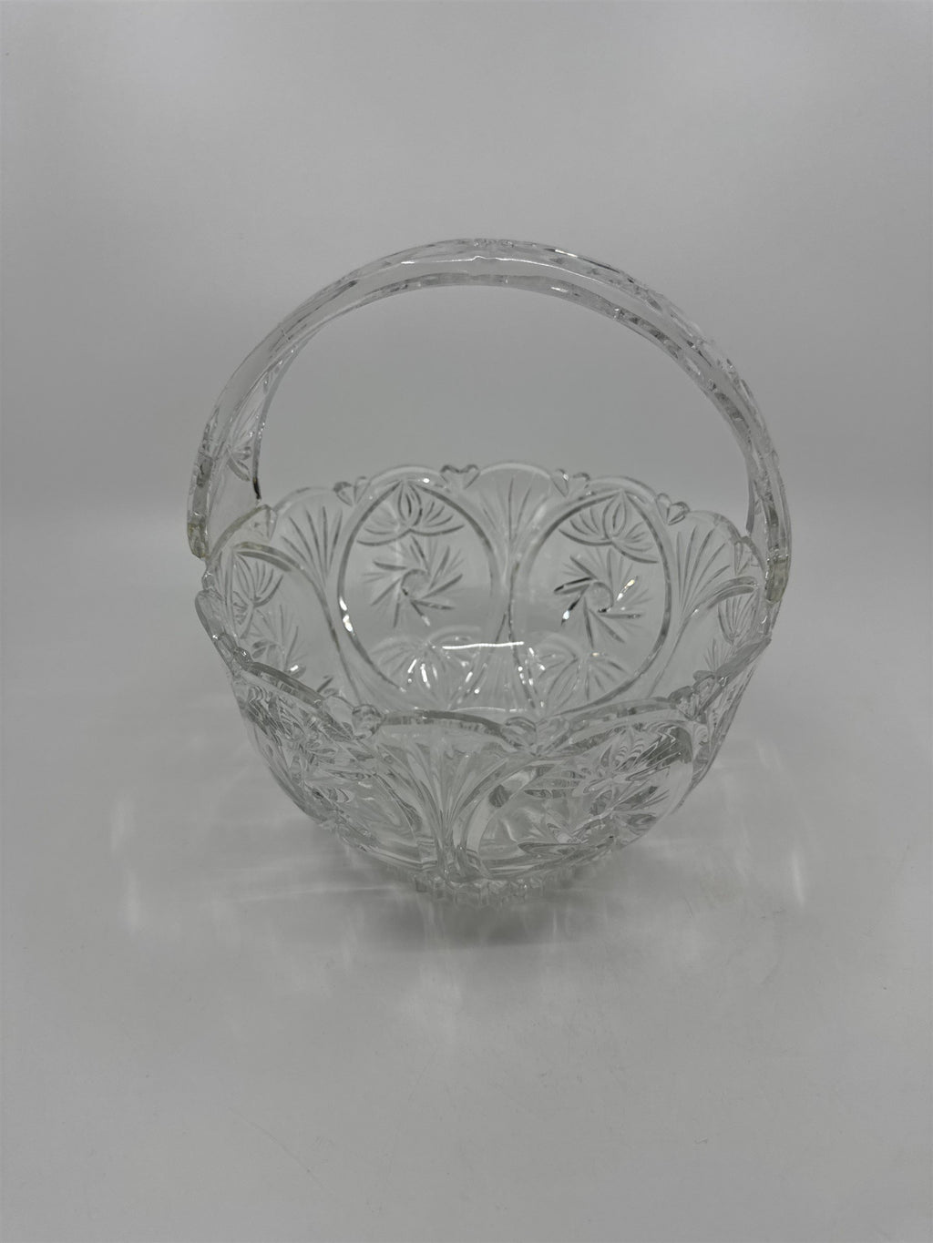 Vintage Heavy Cut Round Glass or Crystal Basket With Handle Candy Nut Fruit Bowl