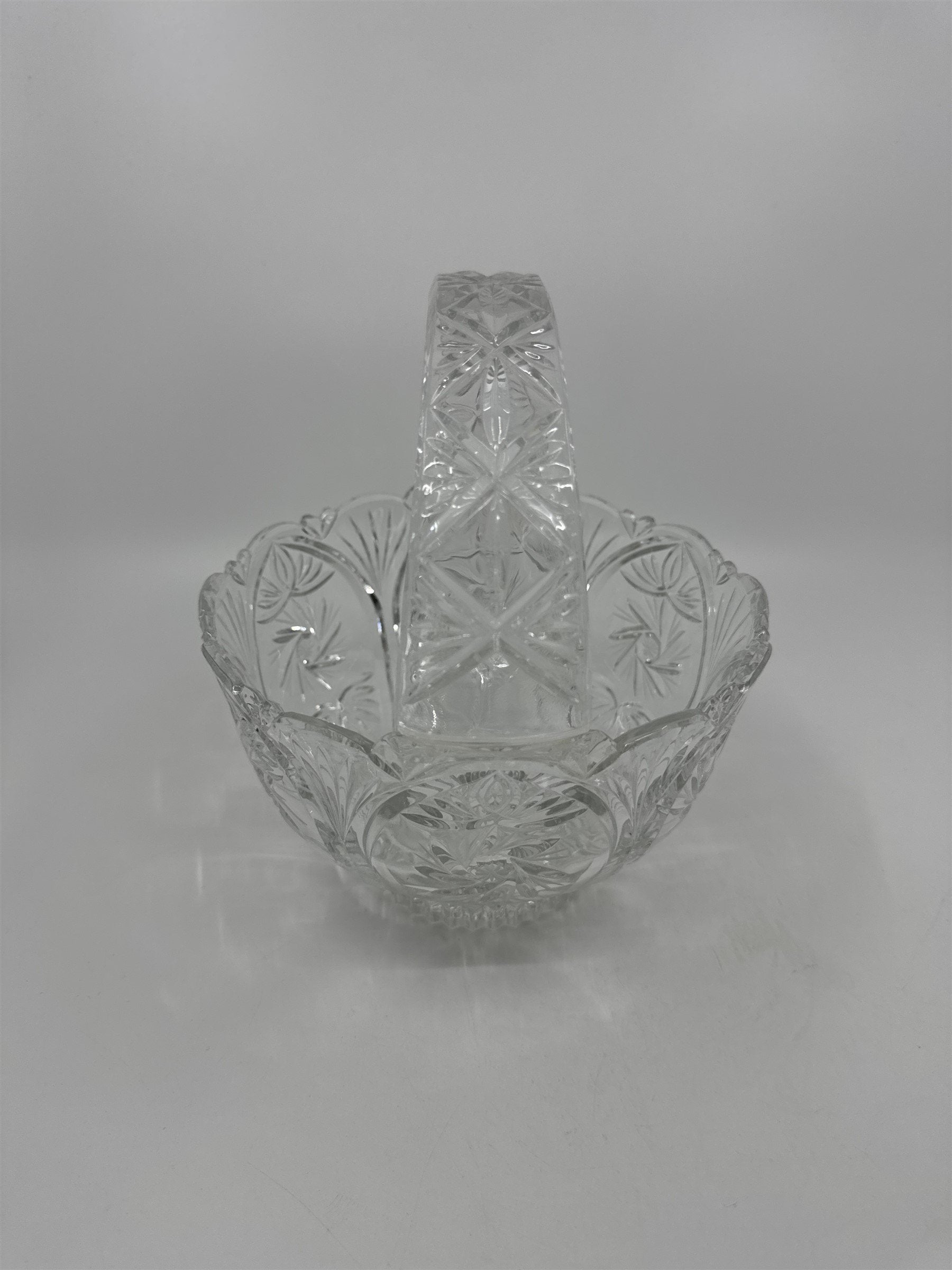 Vintage Heavy Cut Round Glass or Crystal Basket With Handle Candy Nut Fruit Bowl