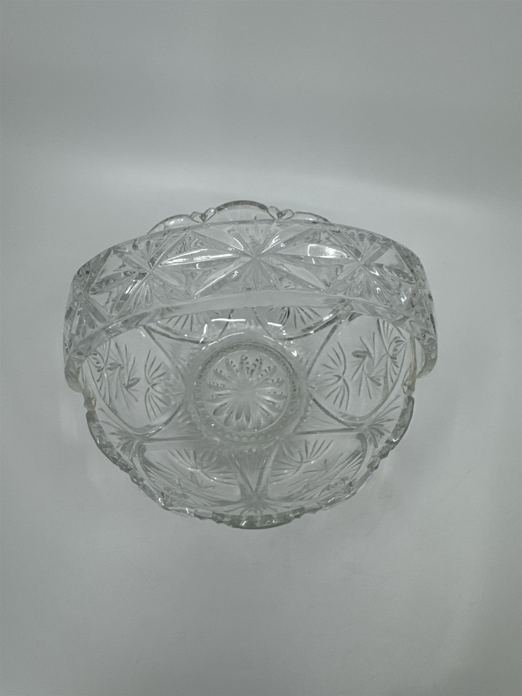 Vintage Heavy Cut Round Glass or Crystal Basket With Handle Candy Nut Fruit Bowl