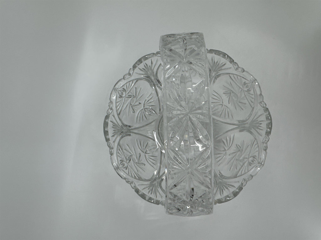 Vintage Heavy Cut Round Glass or Crystal Basket With Handle Candy Nut Fruit Bowl