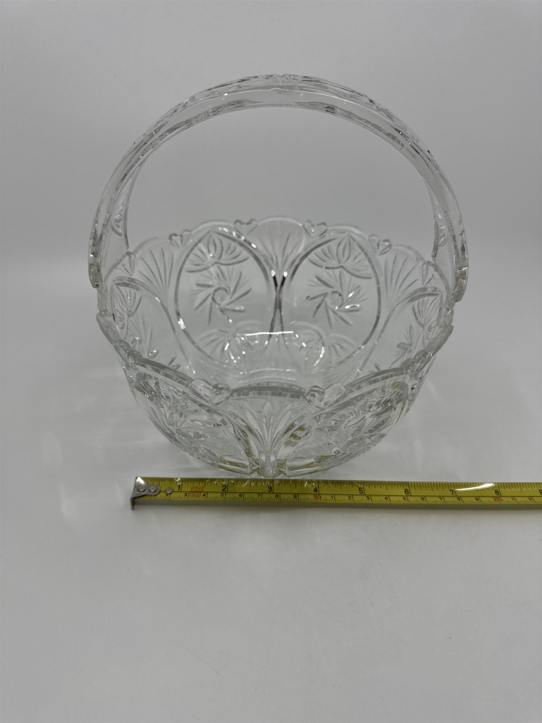 Vintage Heavy Cut Round Glass or Crystal Basket With Handle Candy Nut Fruit Bowl