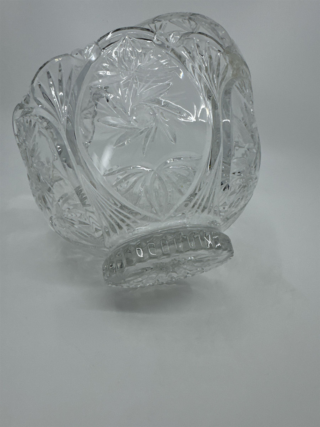 Vintage Heavy Cut Round Glass or Crystal Basket With Handle Candy Nut Fruit Bowl