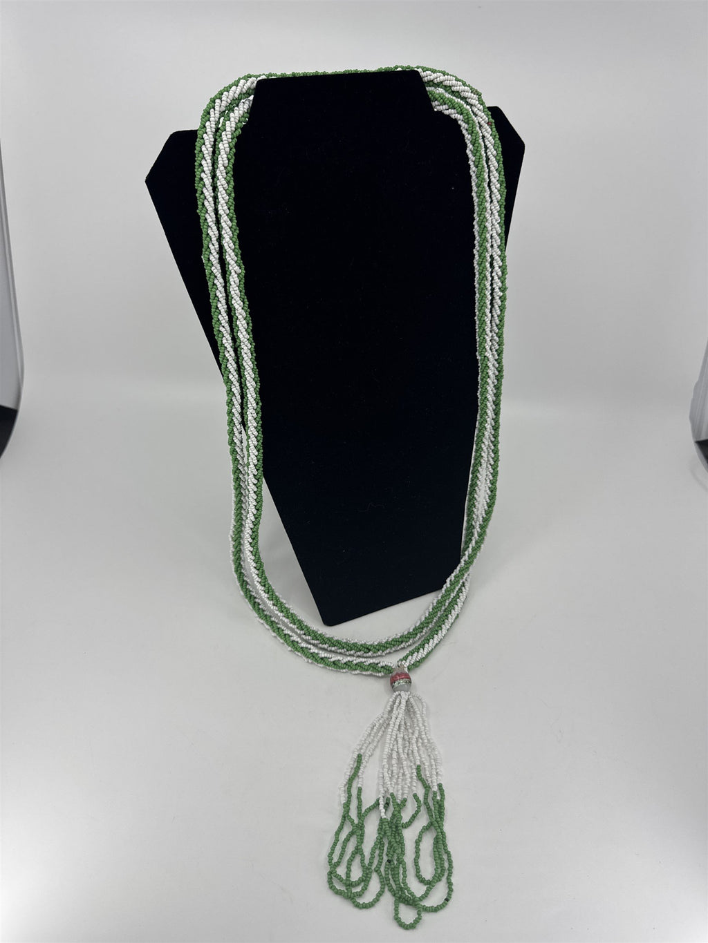 Vintage Handmade Native American Beaded Necklace Green/White Beads Extra Long