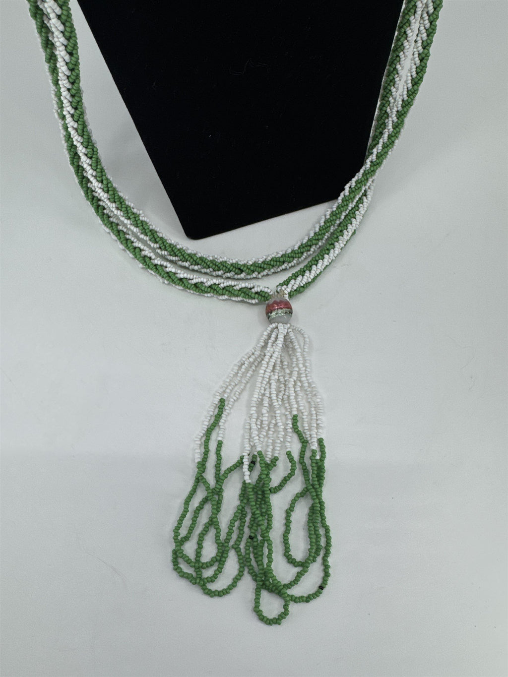 Vintage Handmade Native American Beaded Necklace Green/White Beads Extra Long
