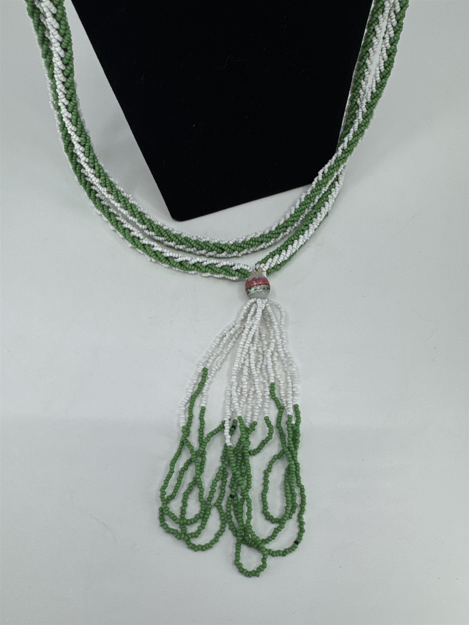 Vintage Handmade Native American Beaded Necklace Green/White Beads Extra Long