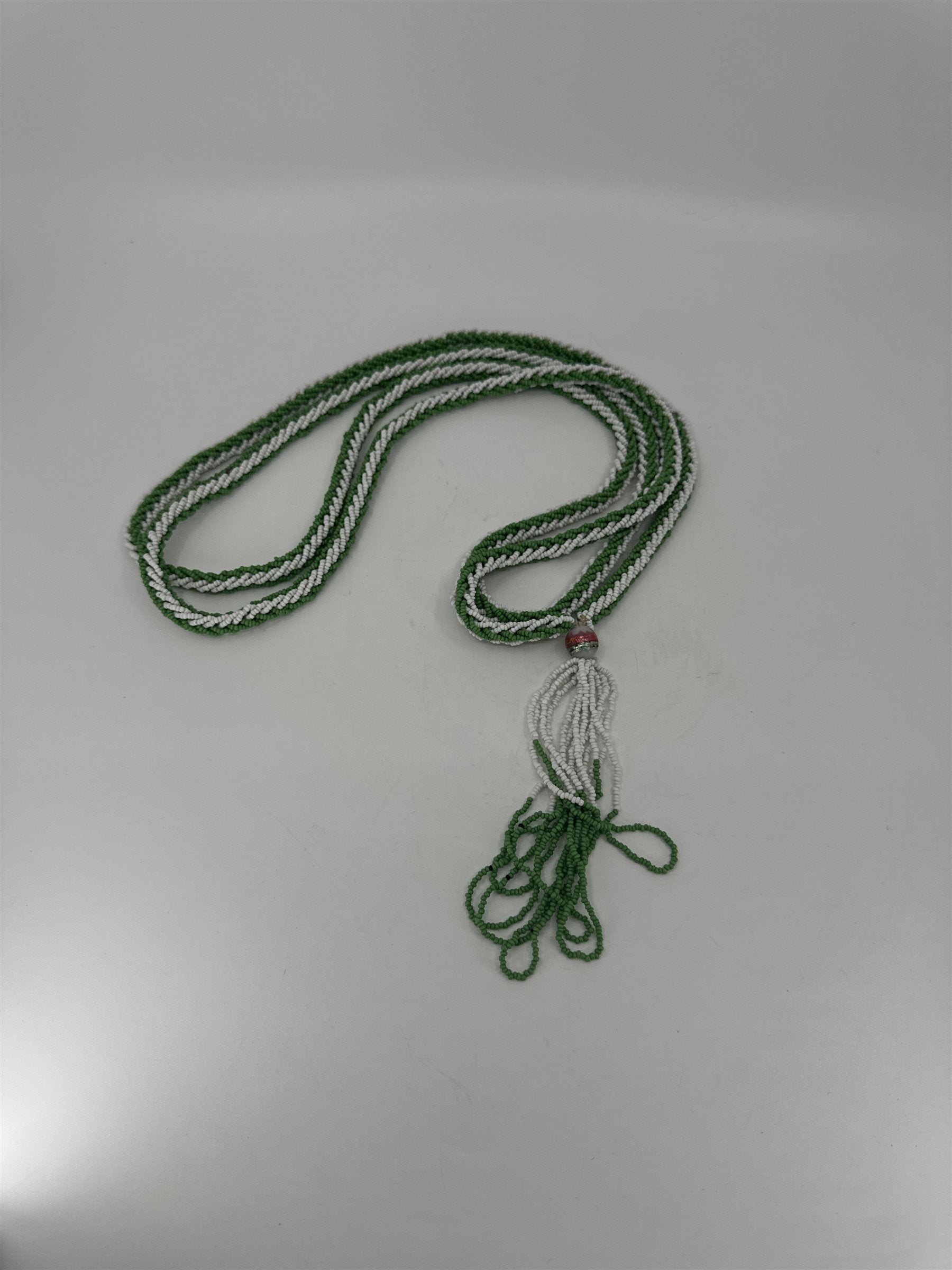 Vintage Handmade Native American Beaded Necklace Green/White Beads Extra Long