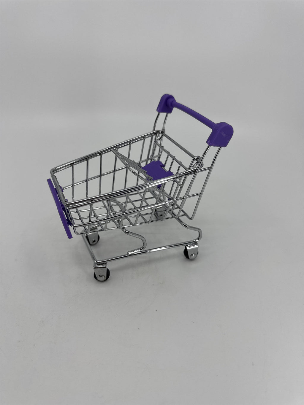 Miniature Replica Chrome Purple Metal Shopping Cart Rolls on Wheels Doll Cart