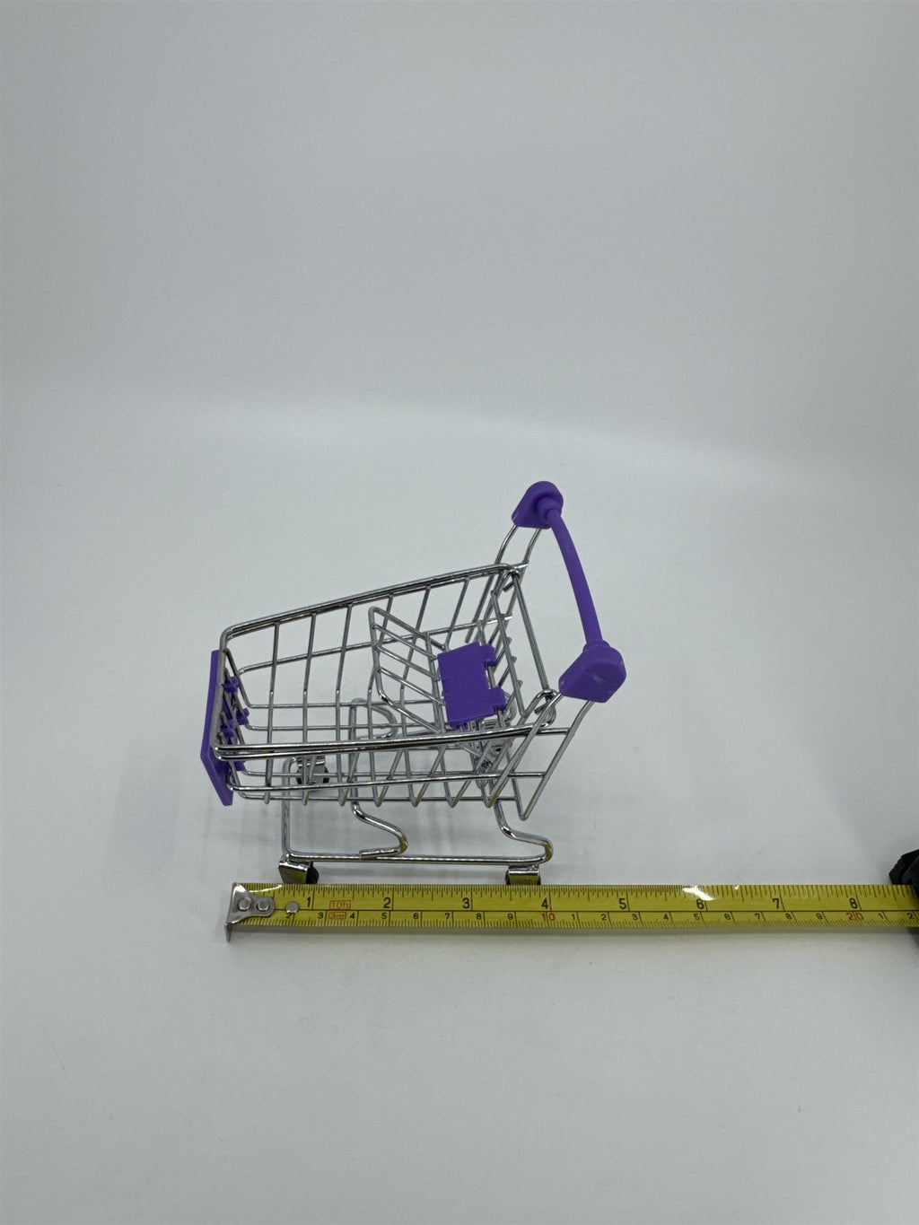 Miniature Replica Chrome Purple Metal Shopping Cart Rolls on Wheels Doll Cart