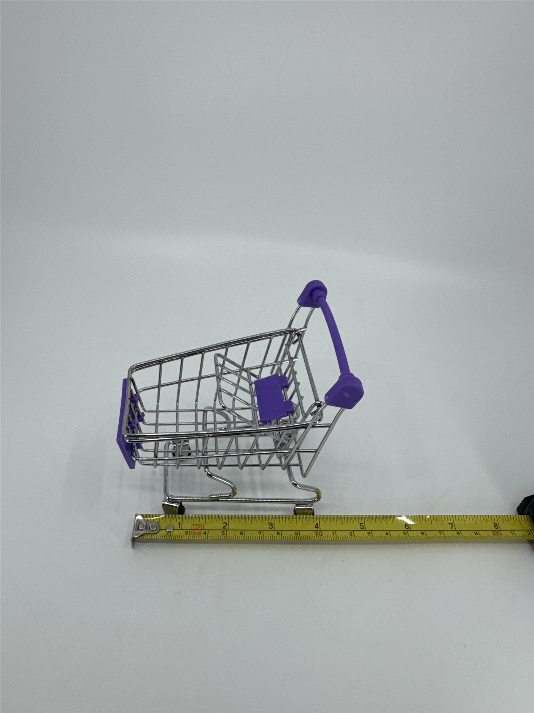 Miniature Replica Chrome Purple Metal Shopping Cart Rolls on Wheels Doll Cart