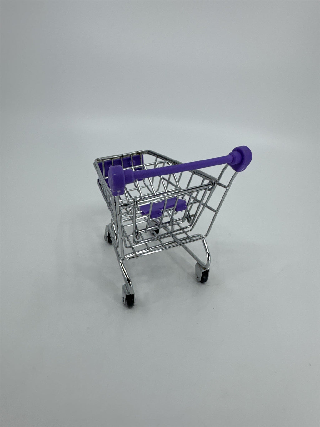 Miniature Replica Chrome Purple Metal Shopping Cart Rolls on Wheels Doll Cart