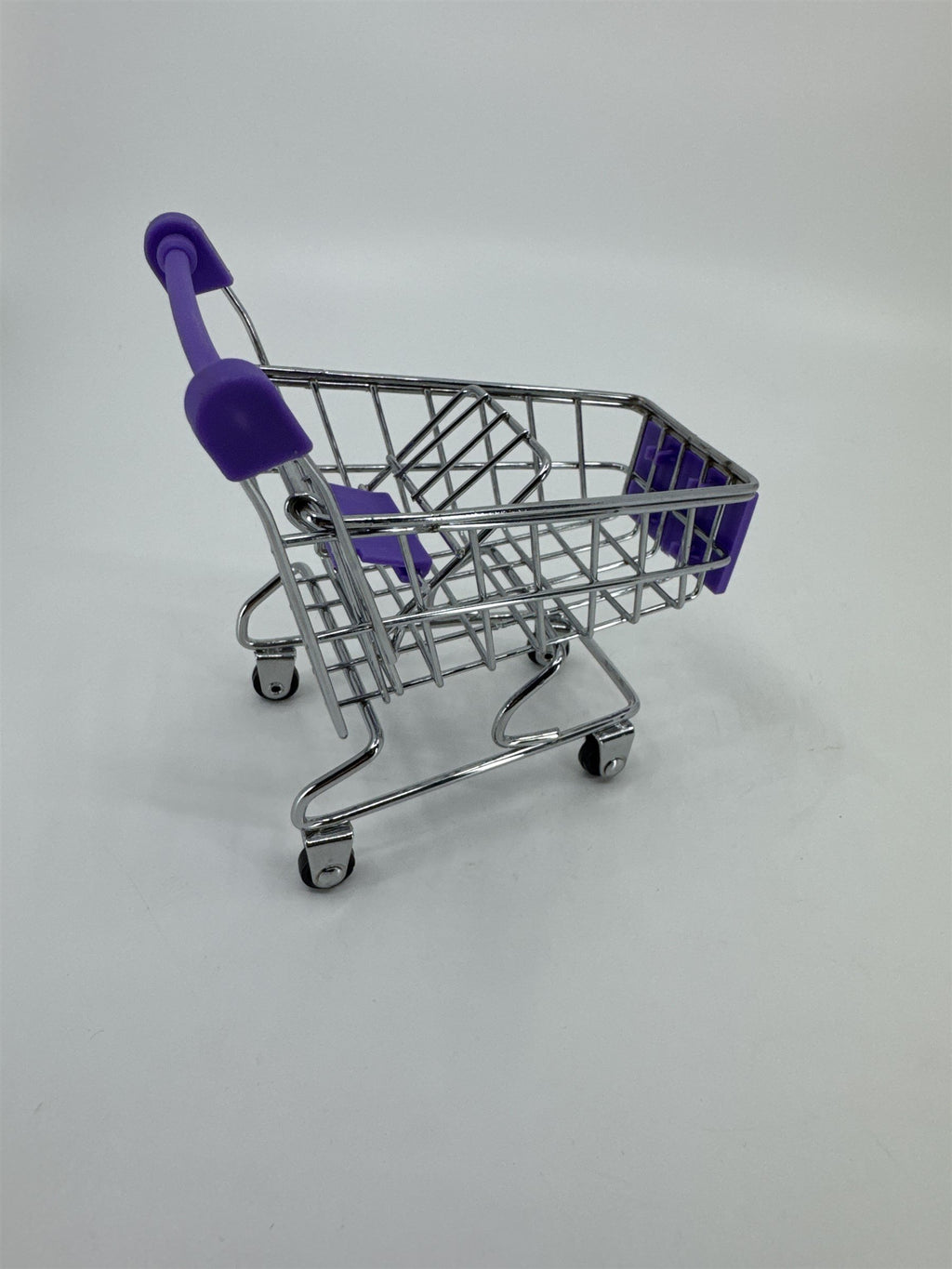 Miniature Replica Chrome Purple Metal Shopping Cart Rolls on Wheels Doll Cart