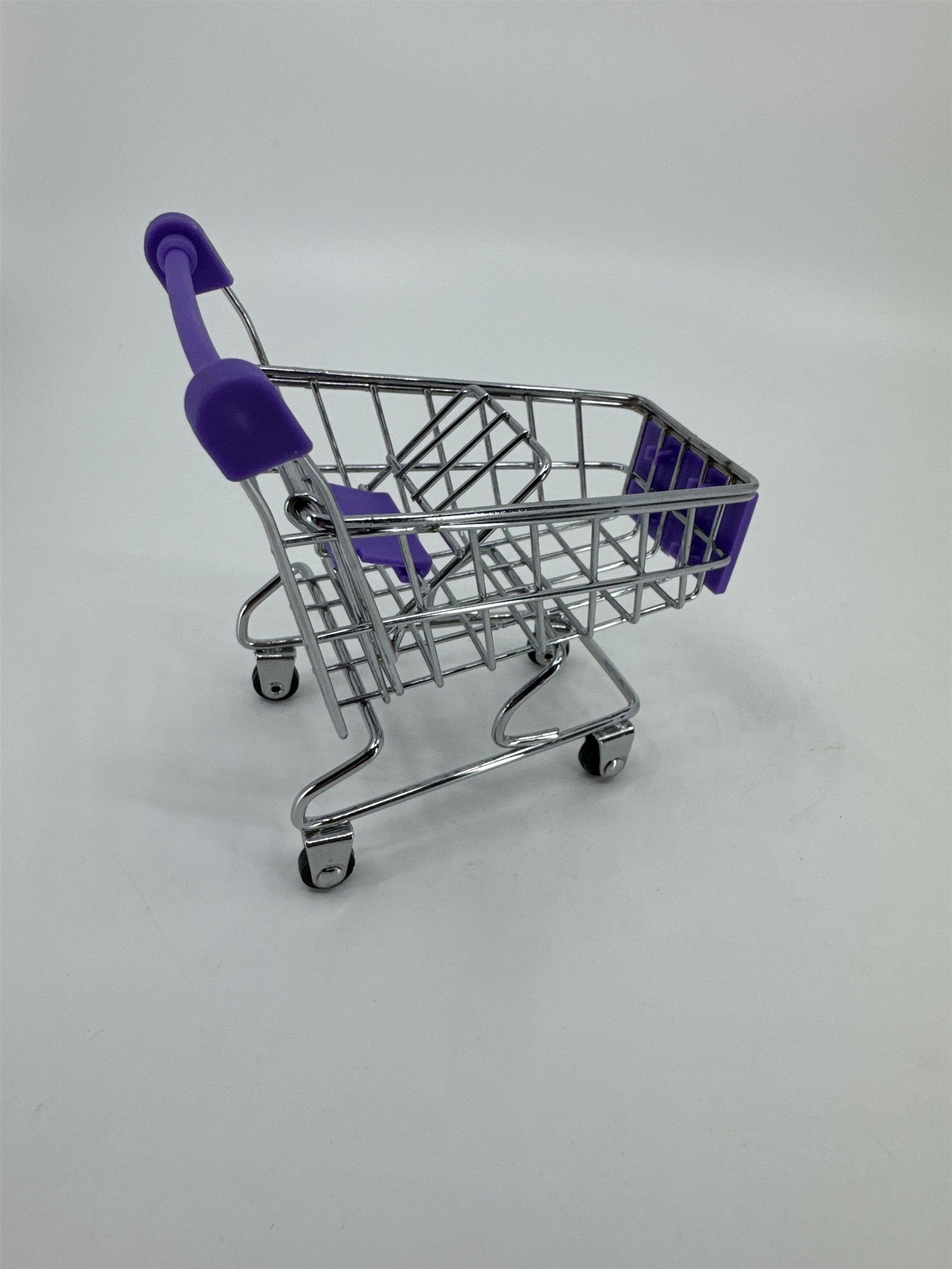 Miniature Replica Chrome Purple Metal Shopping Cart Rolls on Wheels Doll Cart