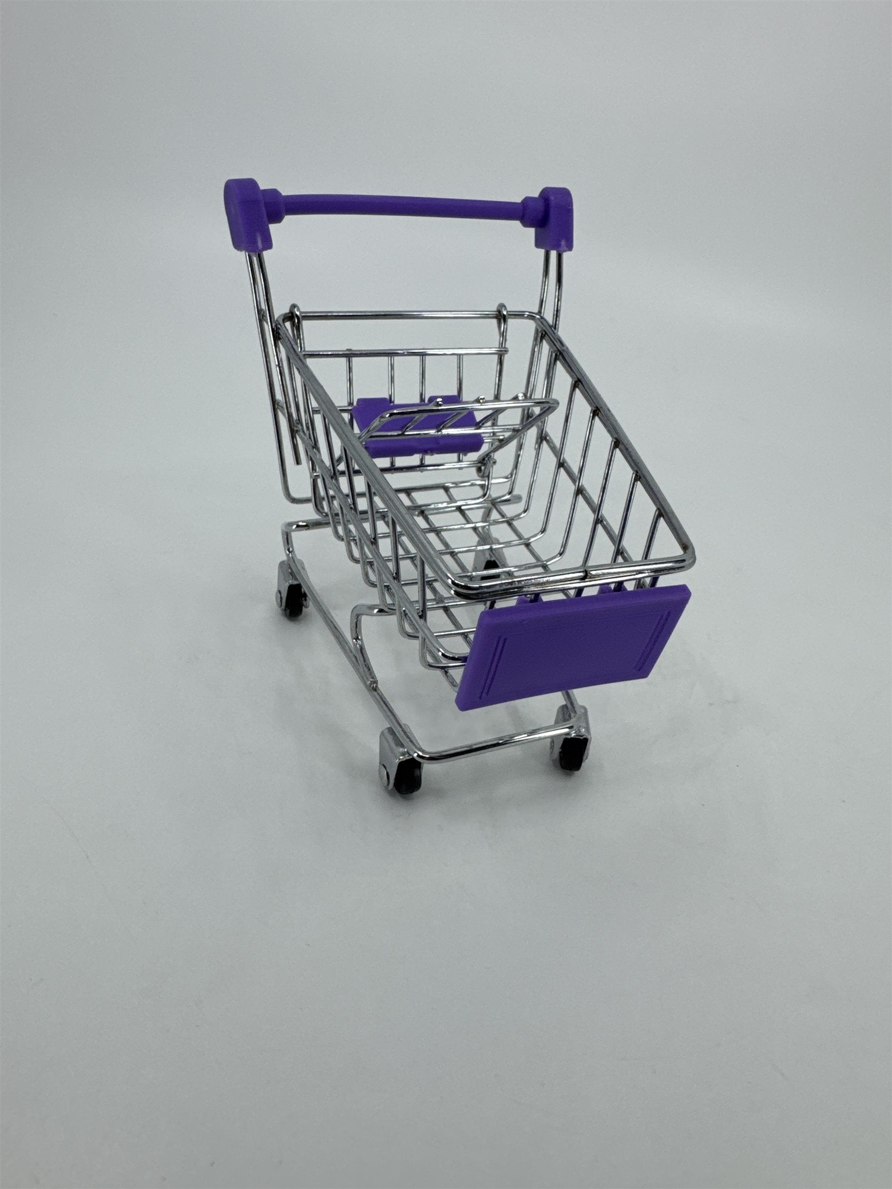 Miniature Replica Chrome Purple Metal Shopping Cart Rolls on Wheels Doll Cart