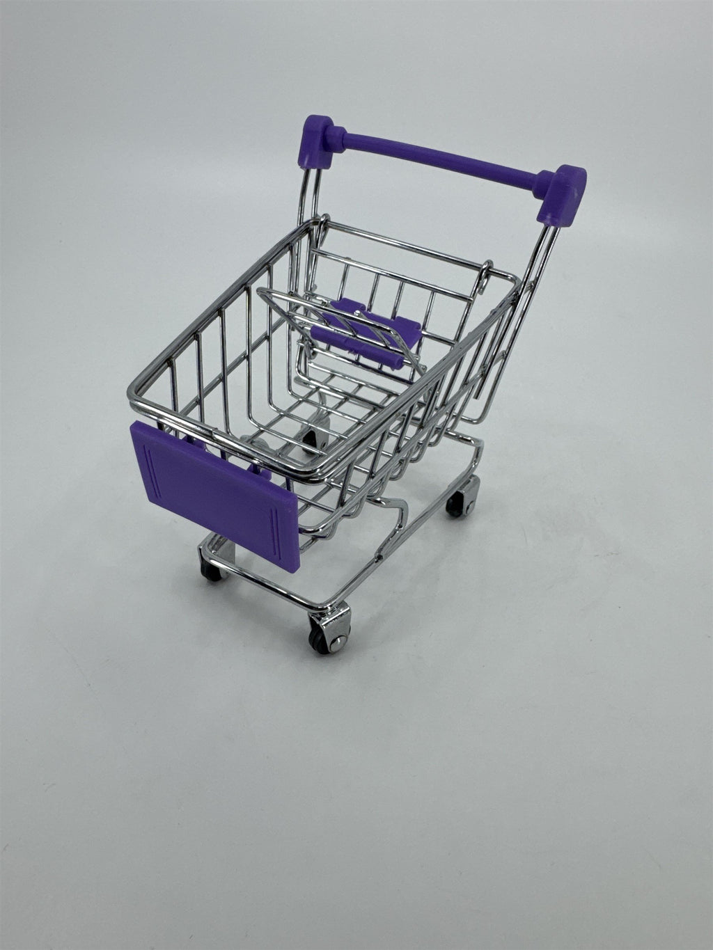Miniature Replica Chrome Purple Metal Shopping Cart Rolls on Wheels Doll Cart