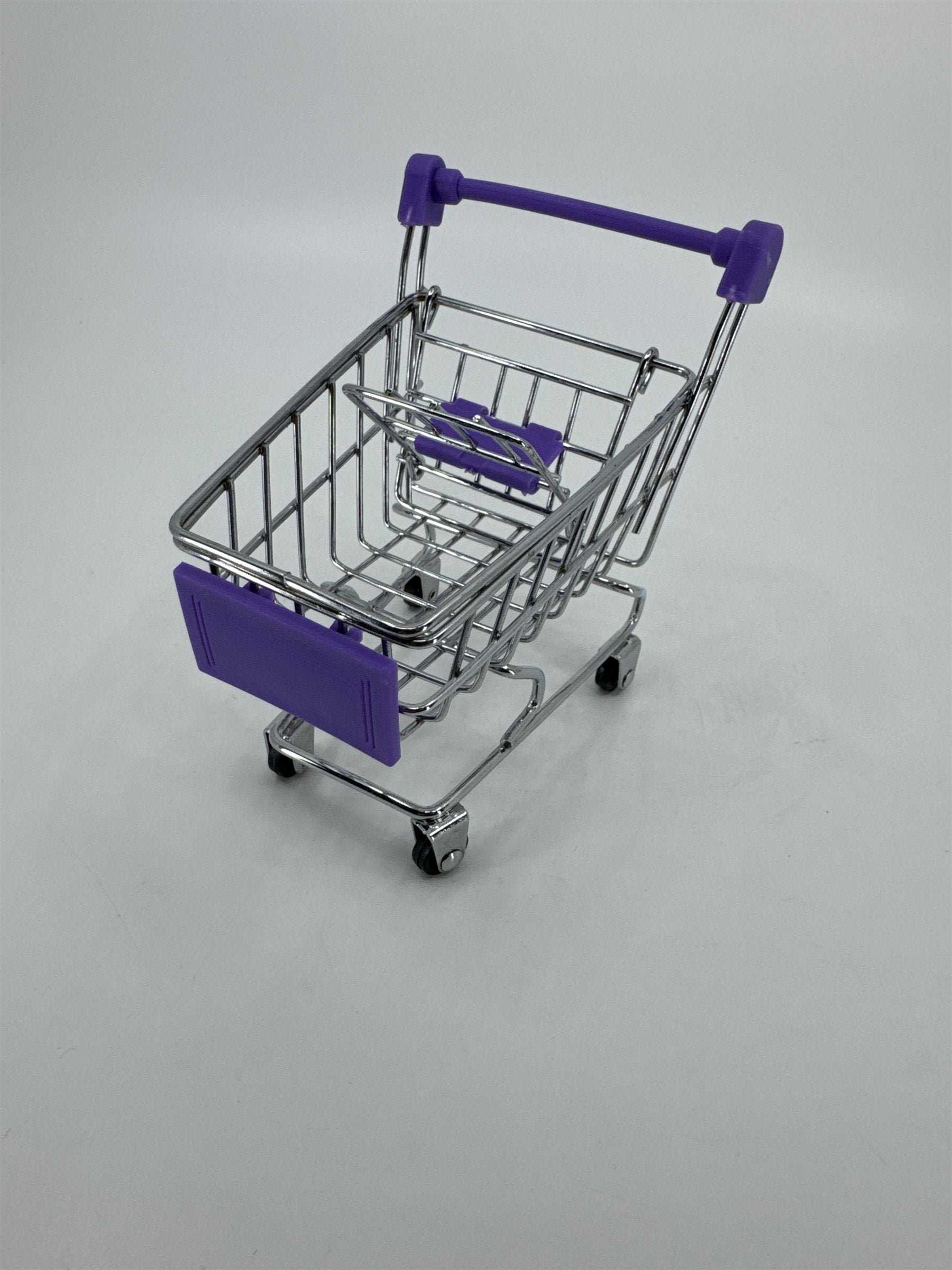 Miniature Replica Chrome Purple Metal Shopping Cart Rolls on Wheels Doll Cart