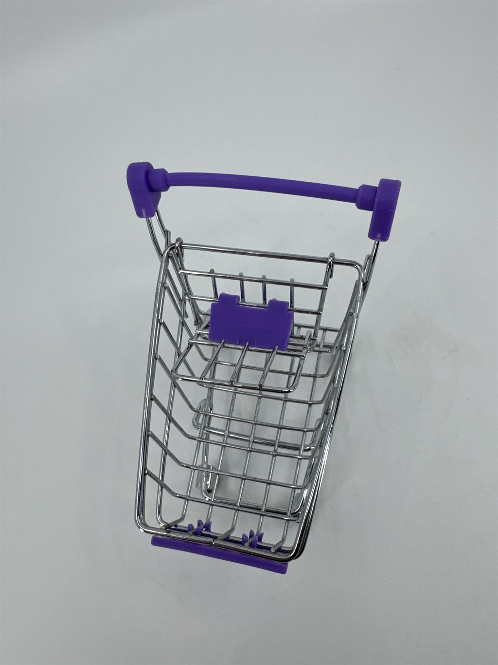Miniature Replica Chrome Purple Metal Shopping Cart Rolls on Wheels Doll Cart