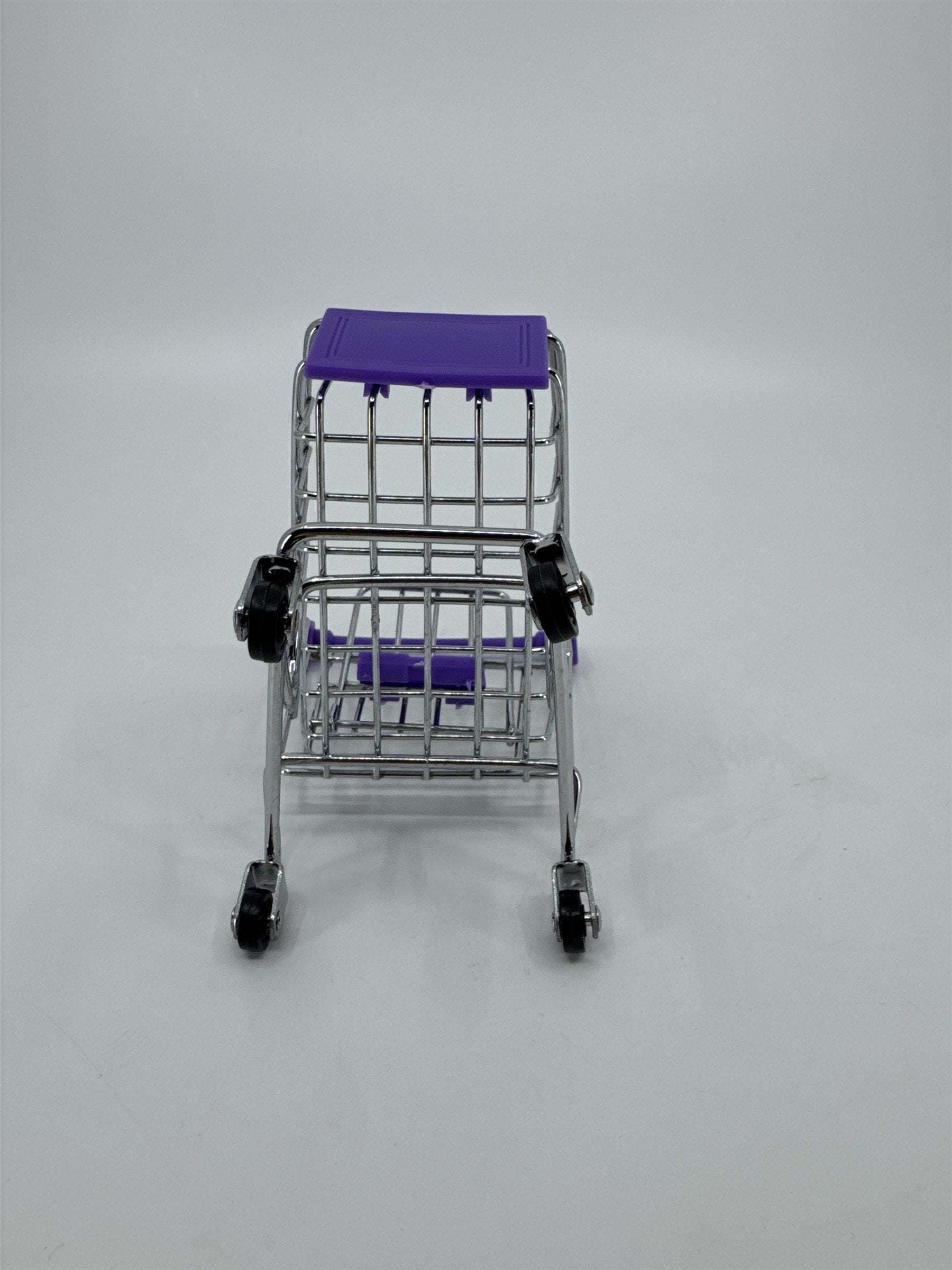 Miniature Replica Chrome Purple Metal Shopping Cart Rolls on Wheels Doll Cart