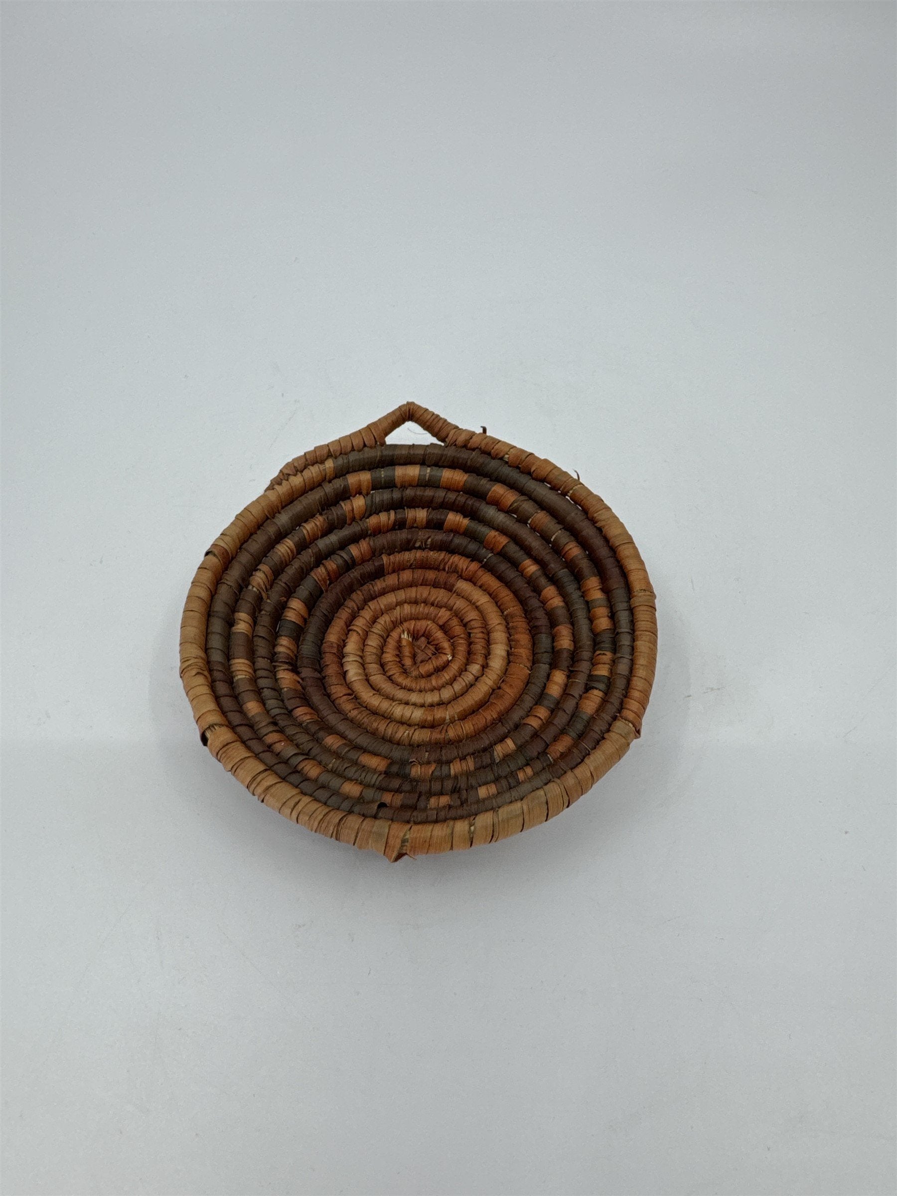 Vintage Handmade Coil Woven Basket Bowl Small Decor Boho Tan Brown Orange Native