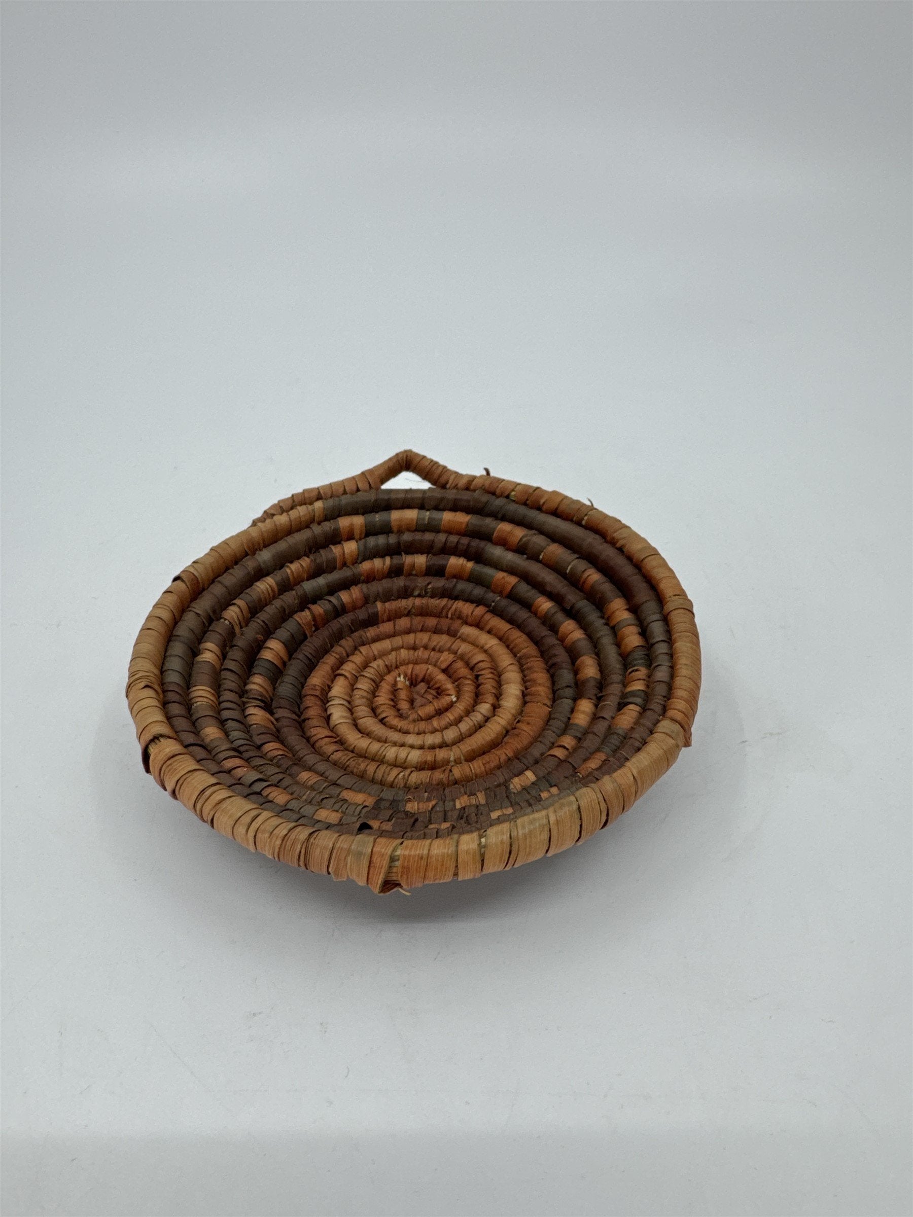 Vintage Handmade Coil Woven Basket Bowl Small Decor Boho Tan Brown Orange Native