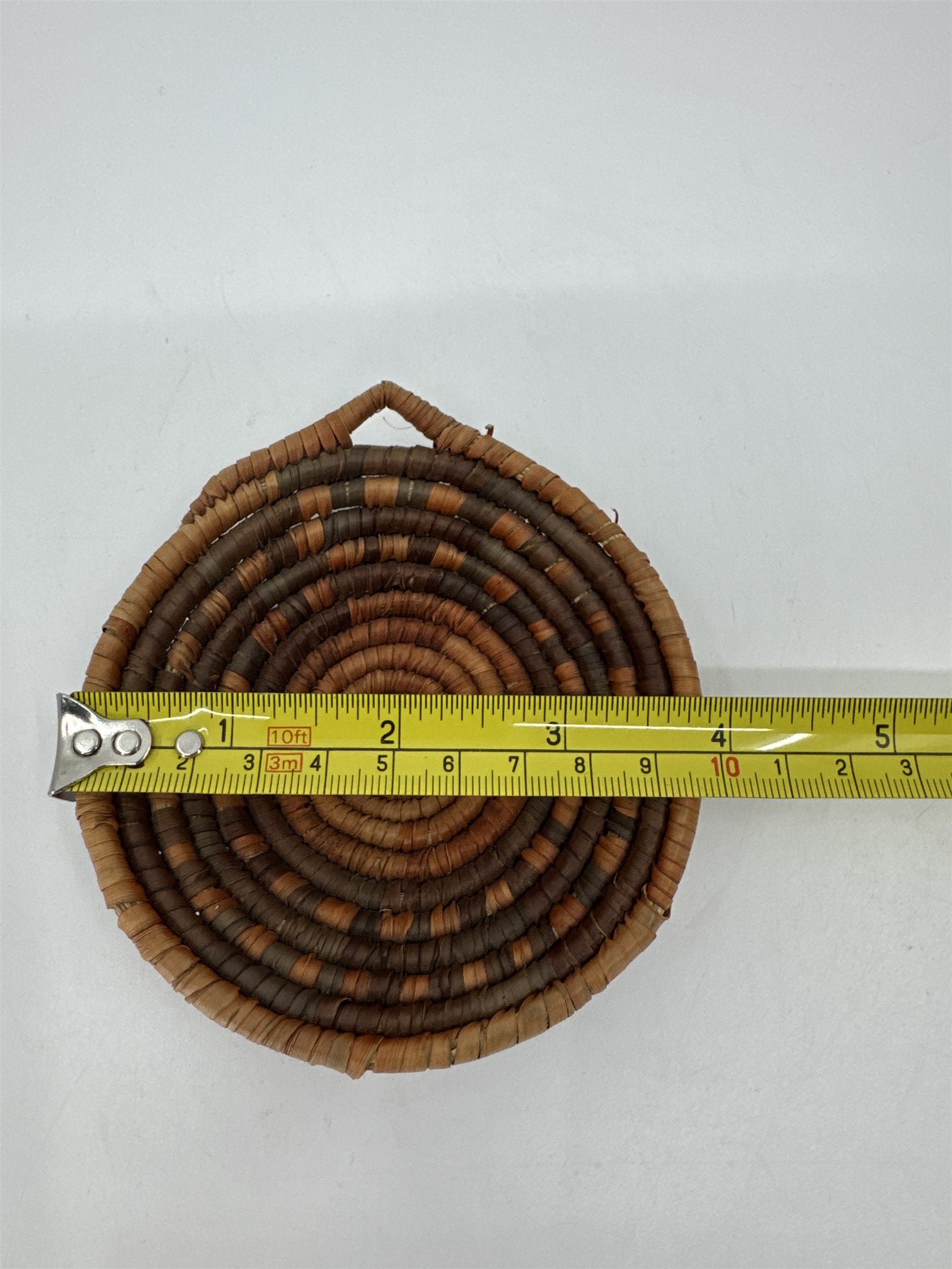 Vintage Handmade Coil Woven Basket Bowl Small Decor Boho Tan Brown Orange Native