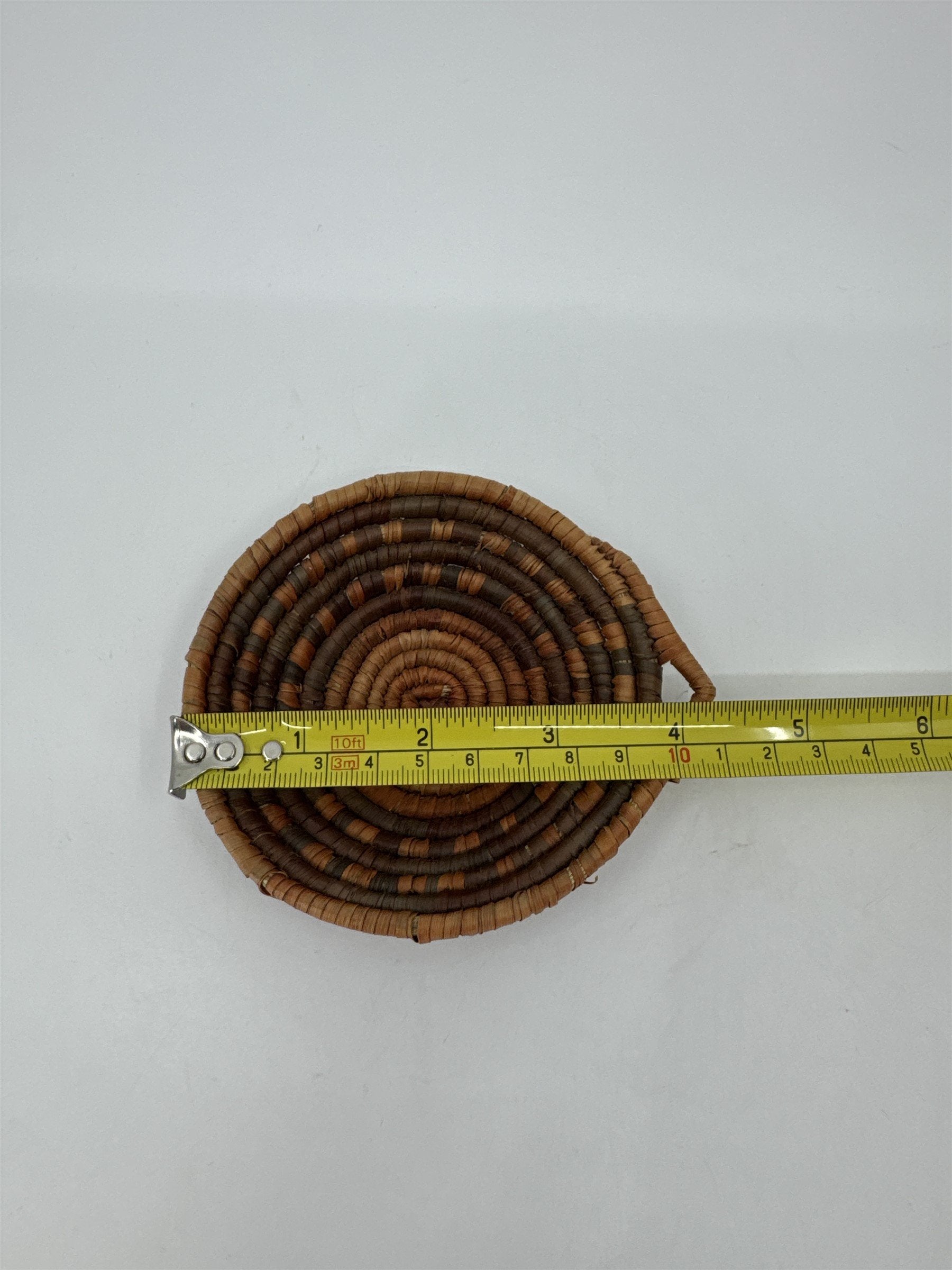 Vintage Handmade Coil Woven Basket Bowl Small Decor Boho Tan Brown Orange Native