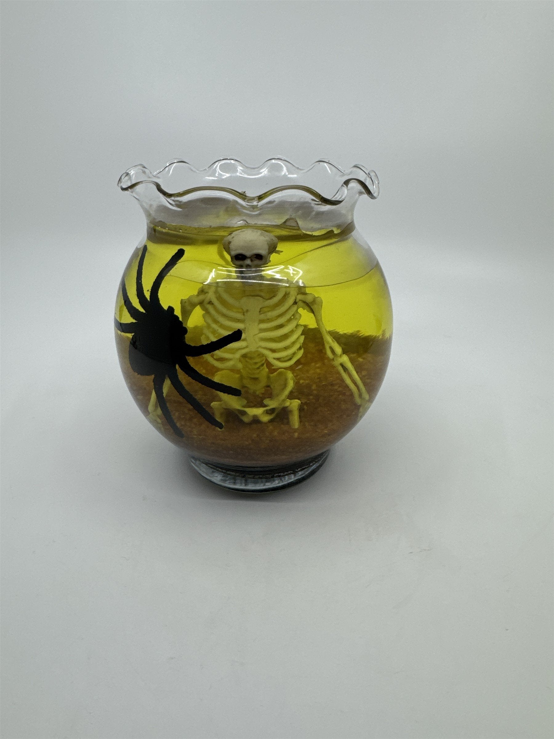 Vintage Halloween Skeleton Spider Tarantula Gel Jelly Candle Ruffled Clear Vase