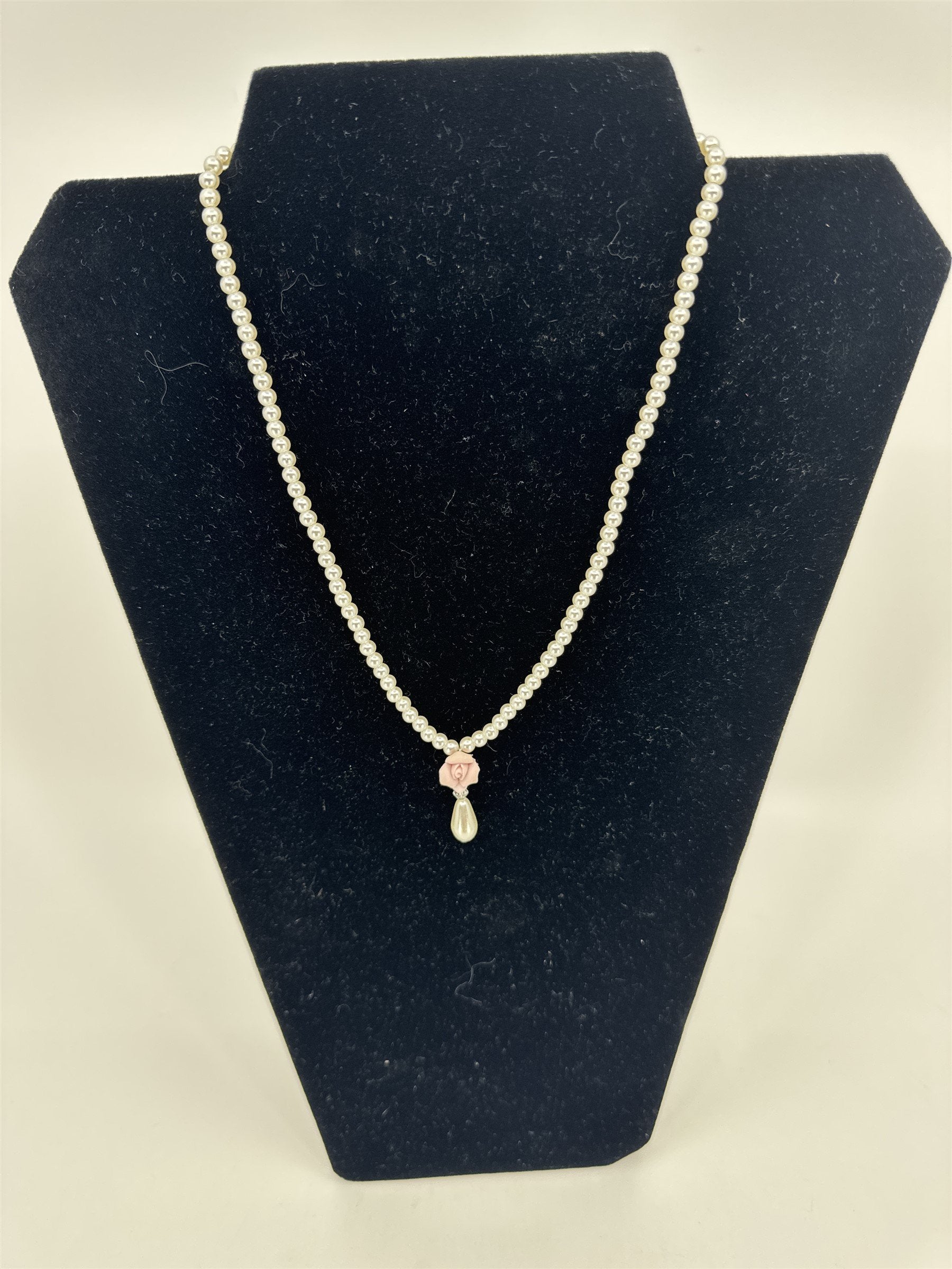 Vintage Tiny Faux White Pearl Pink Rose Vibrant Necklace Estate Costume Jewelry