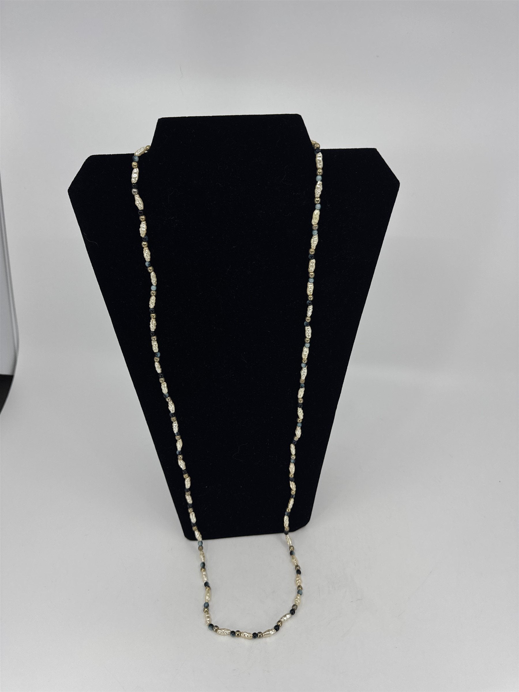 Vintage Tiny Faux Beaded White/Gold/Blue Necklace Estate Costume Jewelry