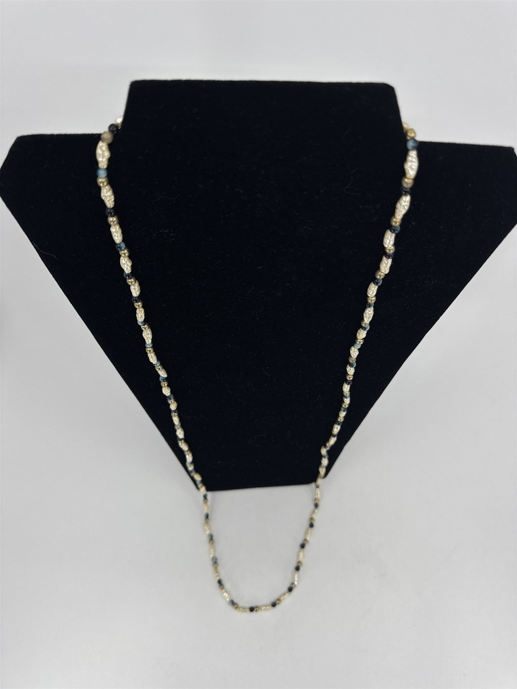 Vintage Tiny Faux Beaded White/Gold/Blue Necklace Estate Costume Jewelry