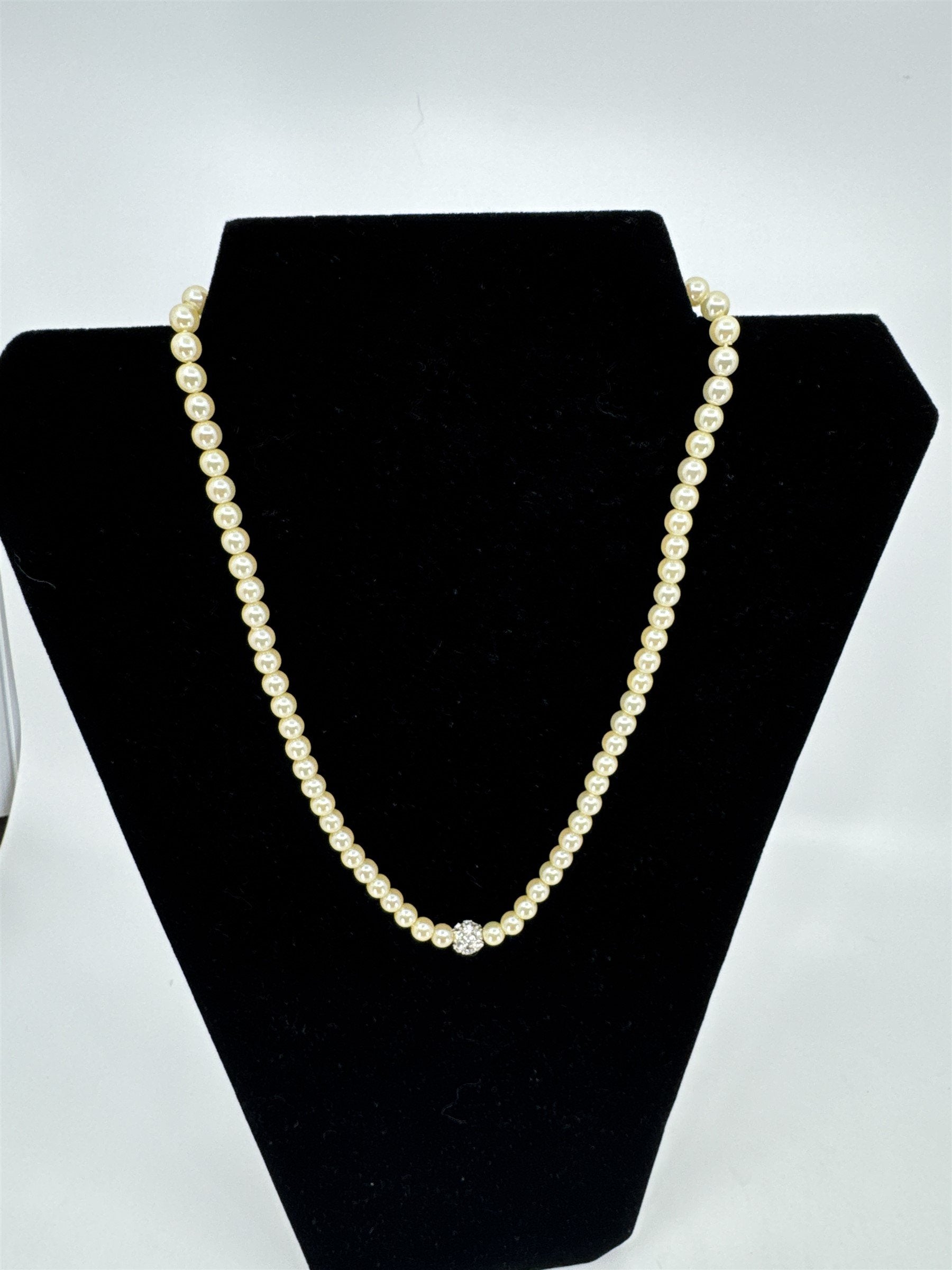 Vintage Faux Rhinestone Champagne Pearl Shining Necklace Estate Costume Jewelry