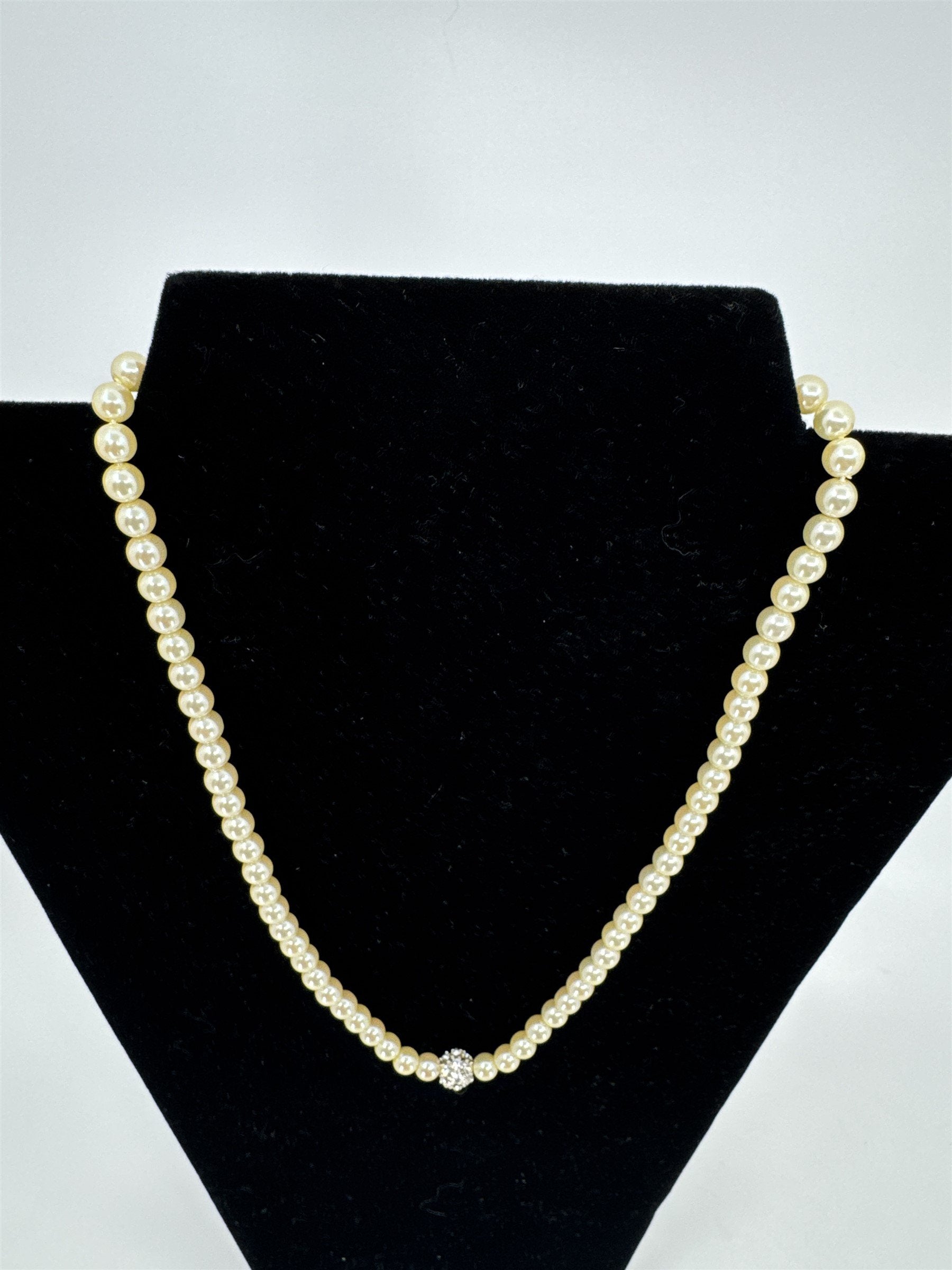 Vintage Faux Rhinestone Champagne Pearl Shining Necklace Estate Costume Jewelry