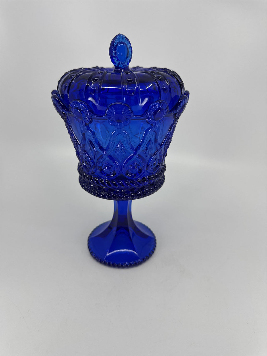 Vintage Frostoria Crown Collections Hapsburg Crown Pedestal Cobalt Blue /w Lid