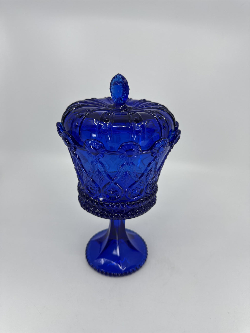 Vintage Frostoria Crown Collections Hapsburg Crown Pedestal Cobalt Blue /w Lid