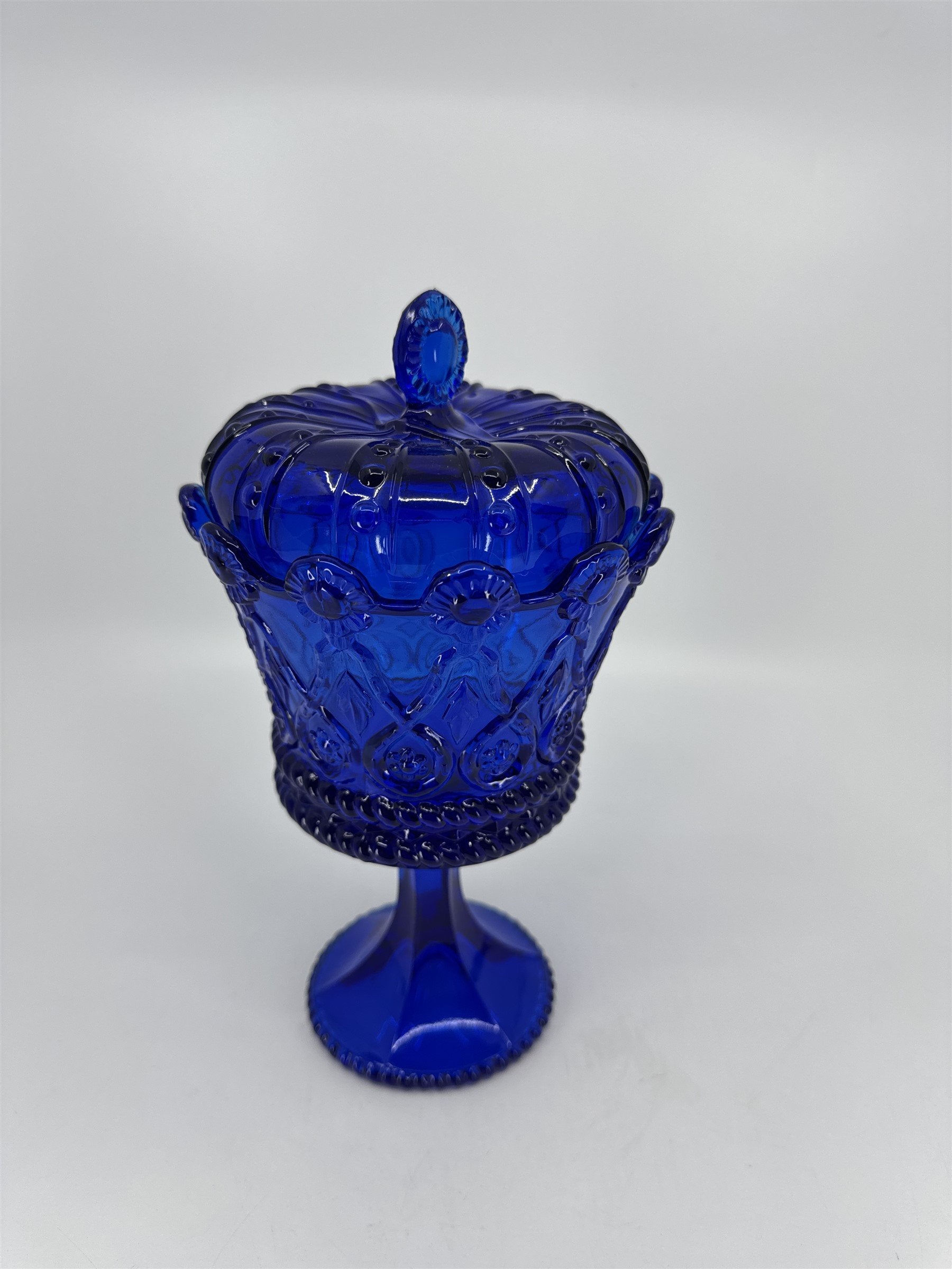 Vintage Frostoria Crown Collections Hapsburg Crown Pedestal Cobalt Blue /w Lid