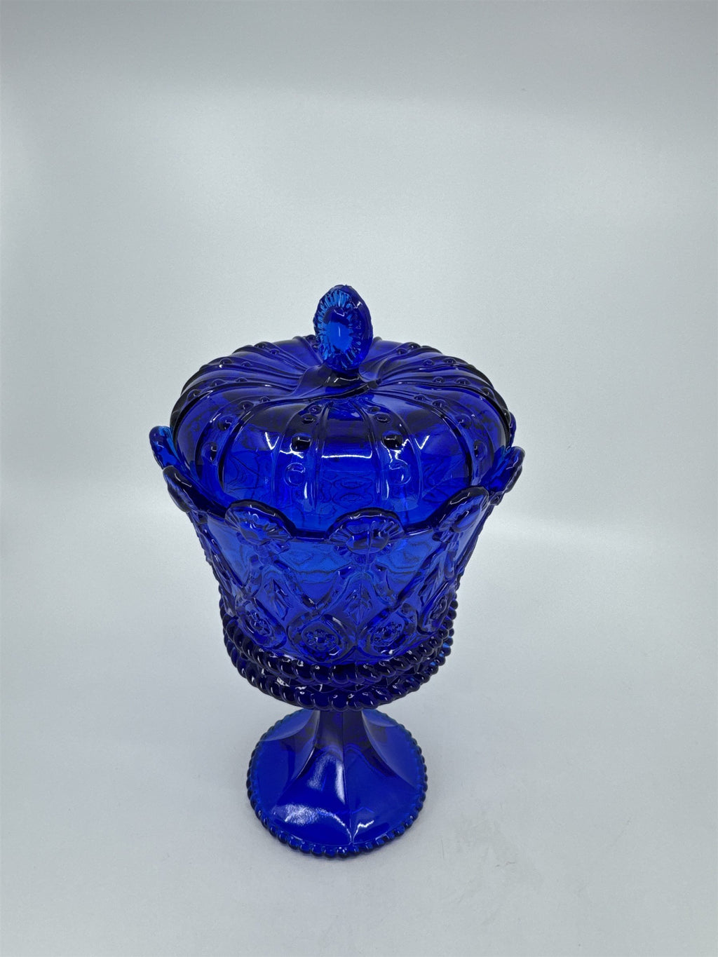 Vintage Frostoria Crown Collections Hapsburg Crown Pedestal Cobalt Blue /w Lid