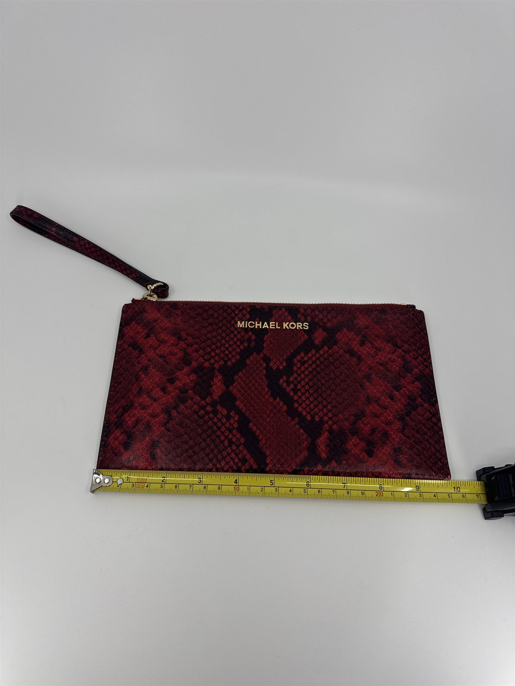 Michael Kors Snakeskin Jungle Red Snake Wristlet Clutch /w Gold Accents Beige