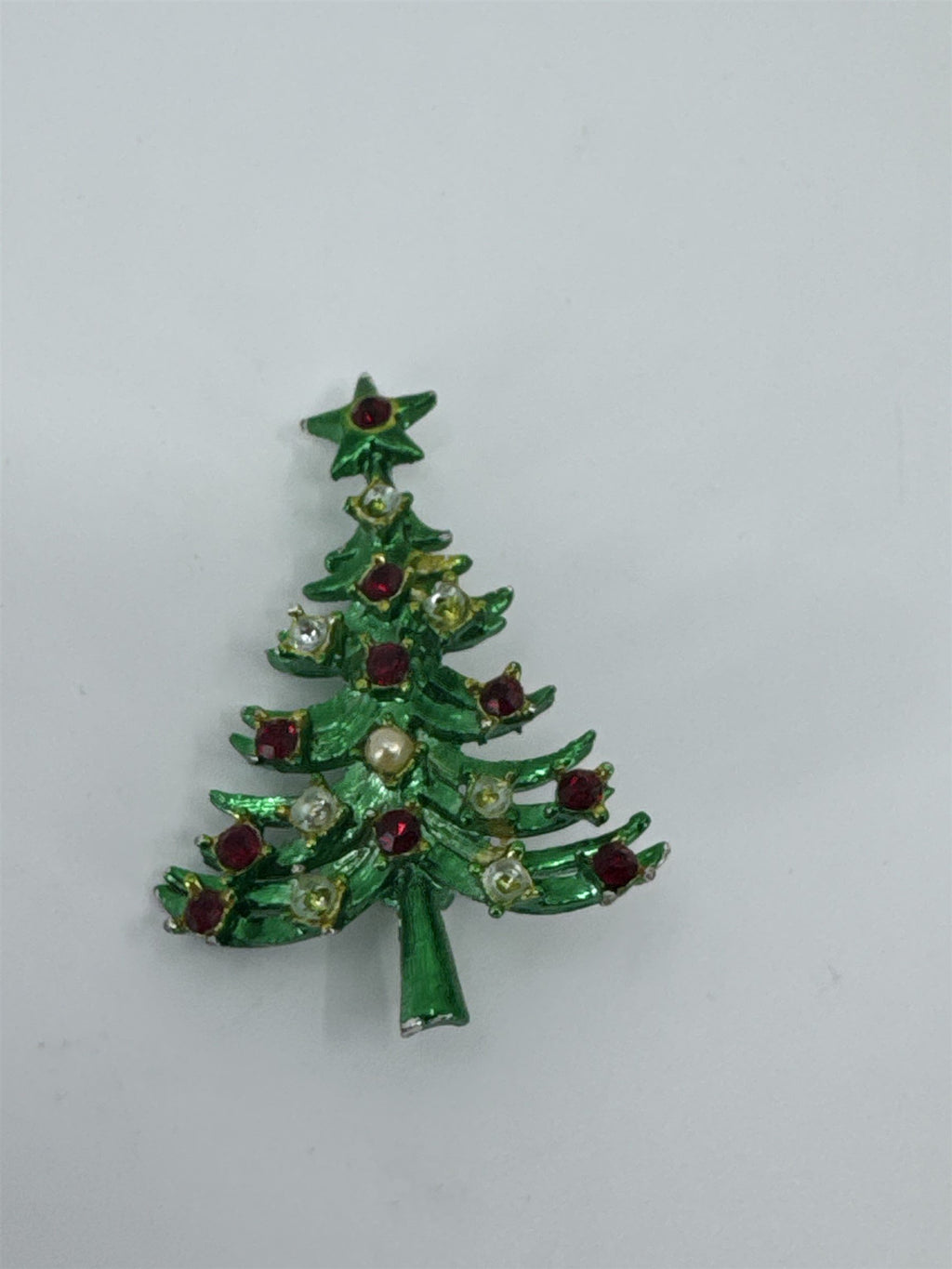 Vintage Mylu Christmass Tree Enameled Rhinestone Pearl Green Tree Brooch Pin