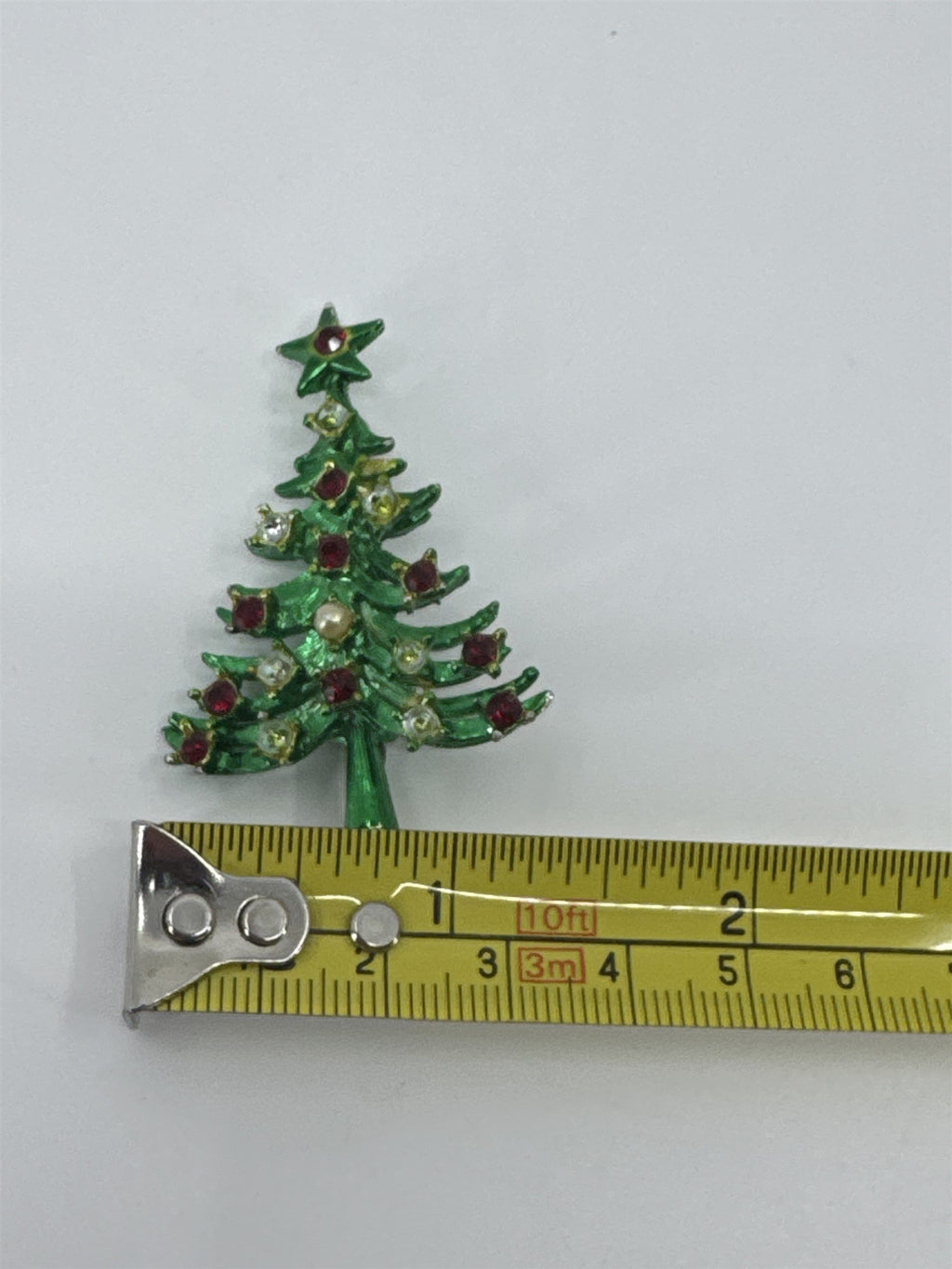 Vintage Mylu Christmass Tree Enameled Rhinestone Pearl Green Tree Brooch Pin